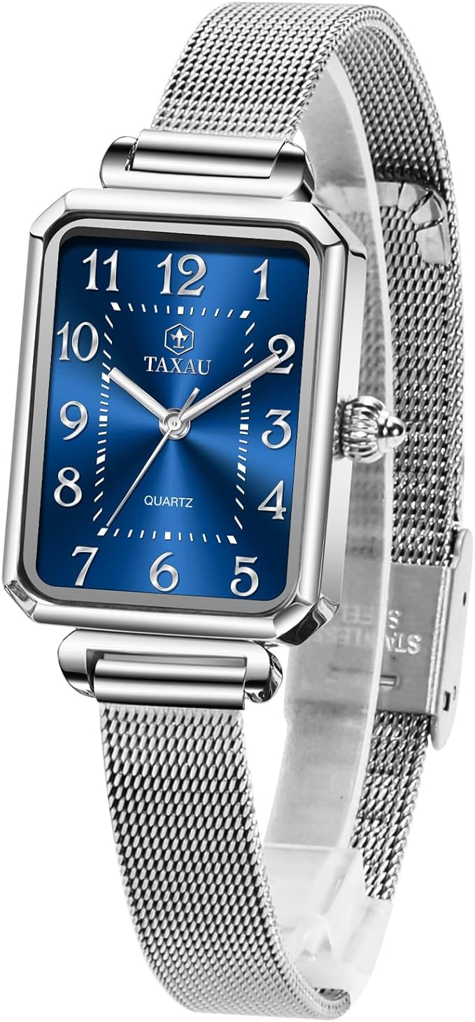 Taxau Dameshorloge, vierkant, polshorloge voor dames, met roestvrij stalen mesh-armband, rechthoekig, modieus, roségoud, waterdicht, elegant kwartshorloge, Rechteckige, armband