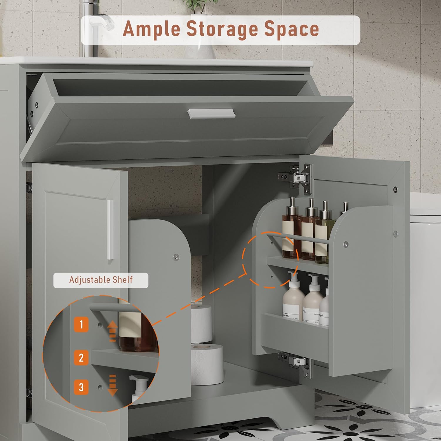 30 Inch Bathroom Vanity with Ceramic Sink, Under Sink Vanity Cabinet, Freestanding Vanity for Bathrooms, Bathroom Storage Vanity with 2 Doors and1 Drawer (Grey, 30", with Sink)