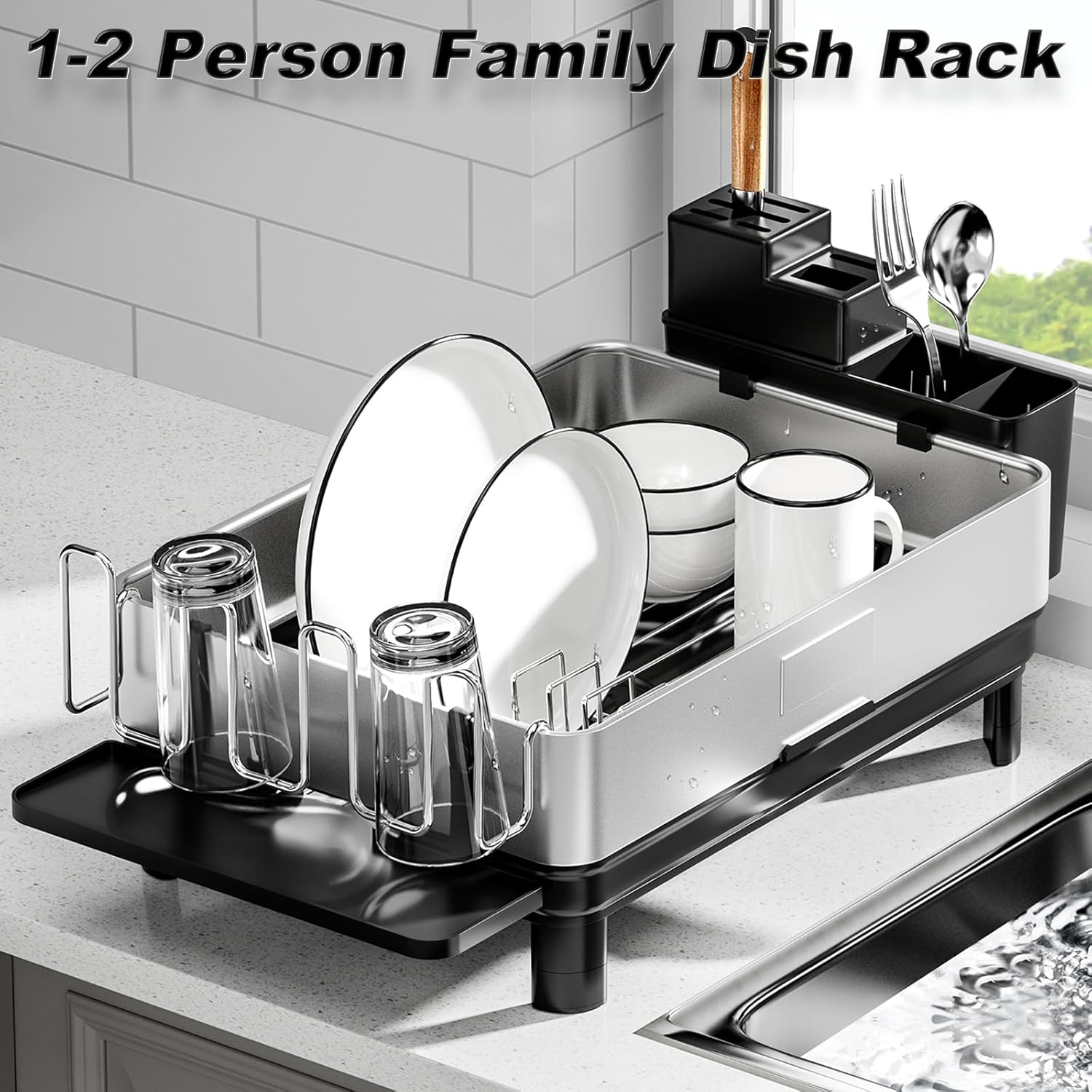 Ewaiira Dish Drying Rack, 304 Stainless Steel Dish Racks for Kitchen Counter, Dish Drainers with Automatic Drainage, Utensil Holder & Cups Holder, Space Saving Kitchen Organizer, Black 16.5''x12.6''
