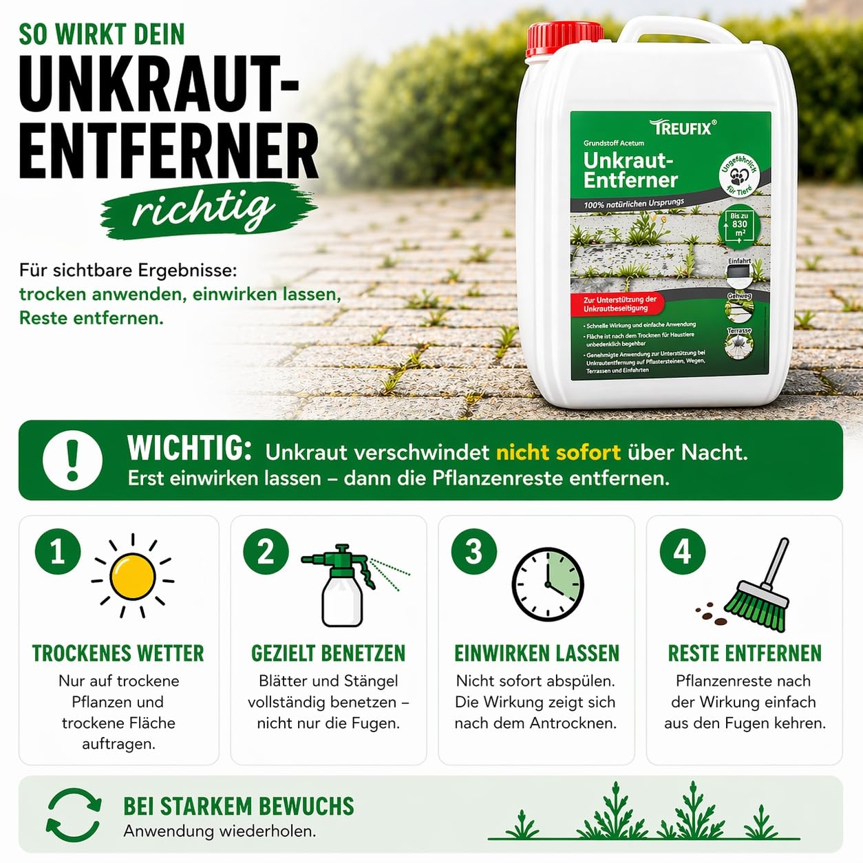 Treufix Konzentrat zur Unkrautentfernung Grundstoff Acetum (Essigsäure) 5L | Ohne Glypohosat zur Unterstützung bei Unkrautbeseitigung auf Pflastersteine, Gartenwege, Terrasse & Einfahrt - Made in DE