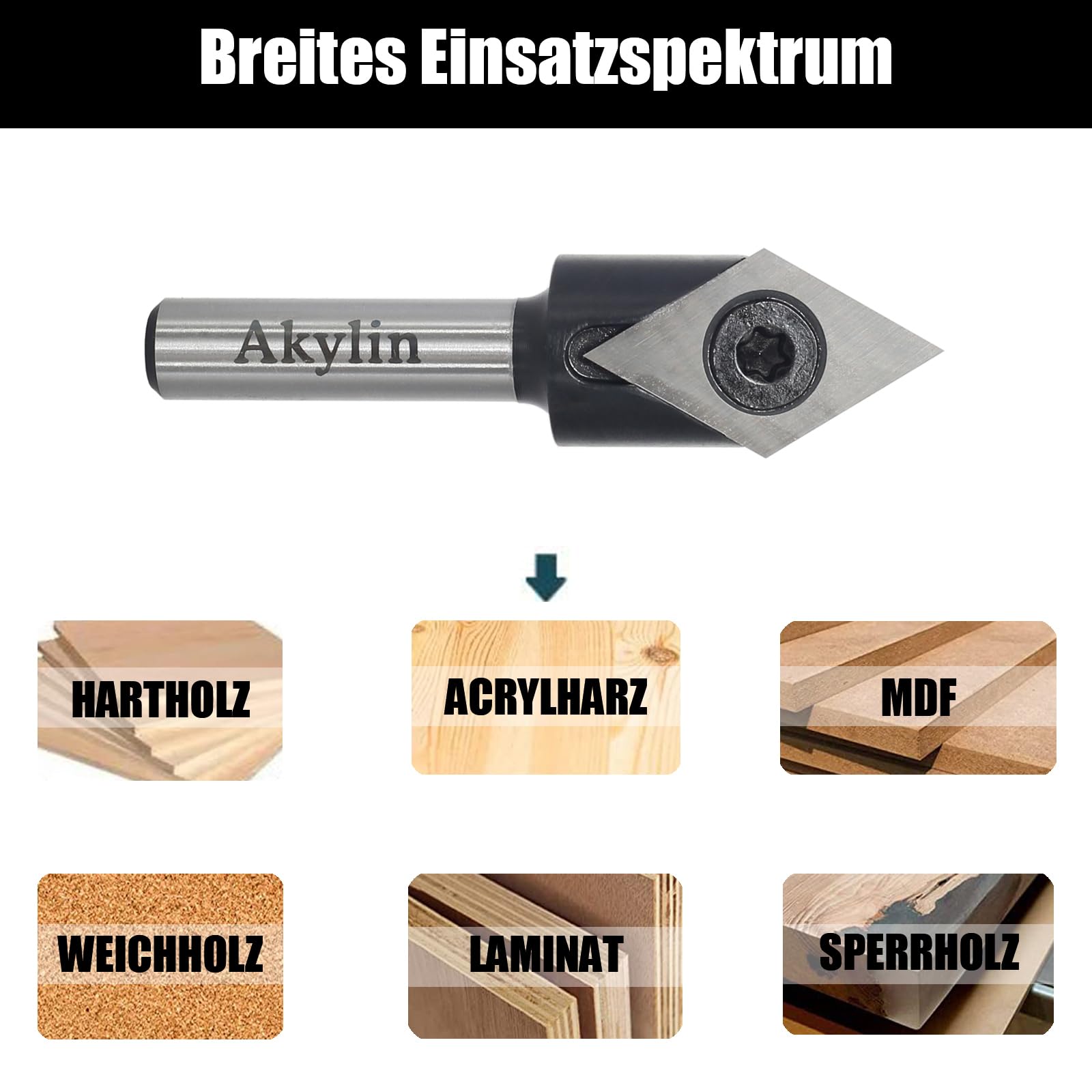 Wendeplatten V Nutfräser 60 Grad，V Nutfräser 8 mm Schaft，4-seitigen Austauschbare Hartmetall Klinge，V Fräser Holz Holzbearbeitungswerkzeug CNC Fräser V-Nutfräser für Holz Gravur