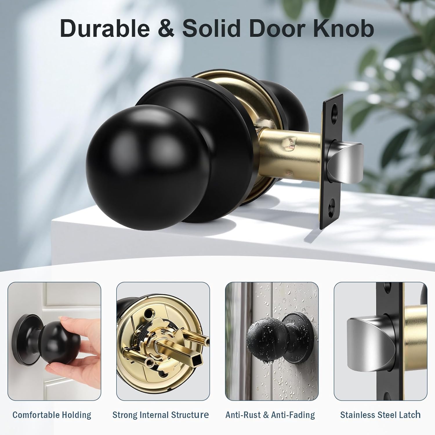 KNOBWELL Black Interior Closet Door Knob, Passage Door Knobs for Hallway, Keyless Stainless Steel Indoor Door Knobset, Round Ball Shape, 6 Pack