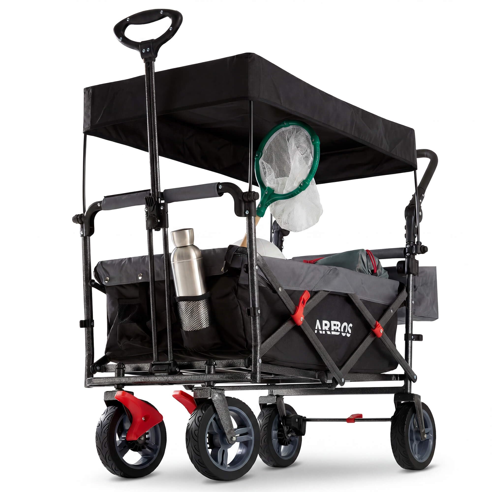 Arebos Bollerwagen Premium faltbar mit Dach | Handwagen | Faltwagen | Transportwagen | klappbar | bis 100 kg Tragkraft | Vorder- und Hinter-Bremse | Schwarz