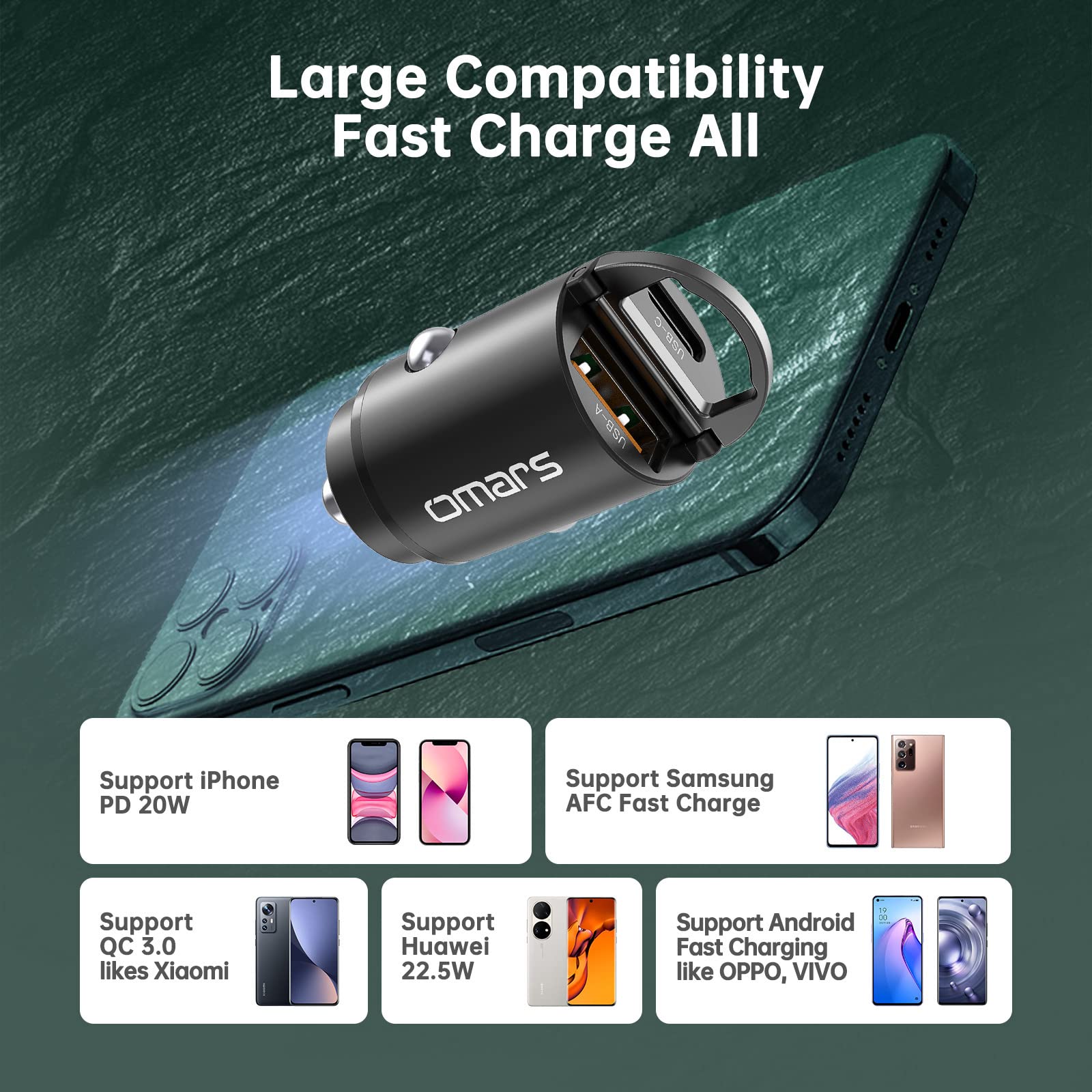 Omars Ładowarka samochodowa 63W [USB-C 33W + USB-A 30W] 5A Szybkie ładowanie z pierścieniem pociągowym, dla iPhone12 Pro MAX Mini Samsung S21 Huawei LG iPad Airpods