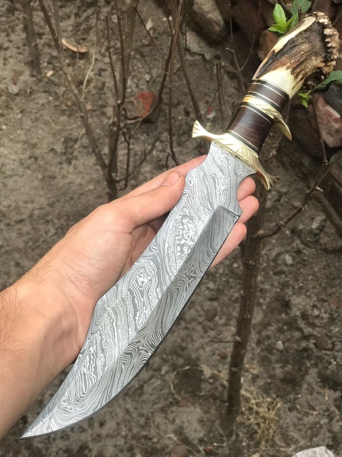 Delta :Handmade Damascus steel 15" Bowie knife With original Stag horn Handle -Damascus Boaster - Best for Gift & For Professional Use (Comes with Leather Sheath)