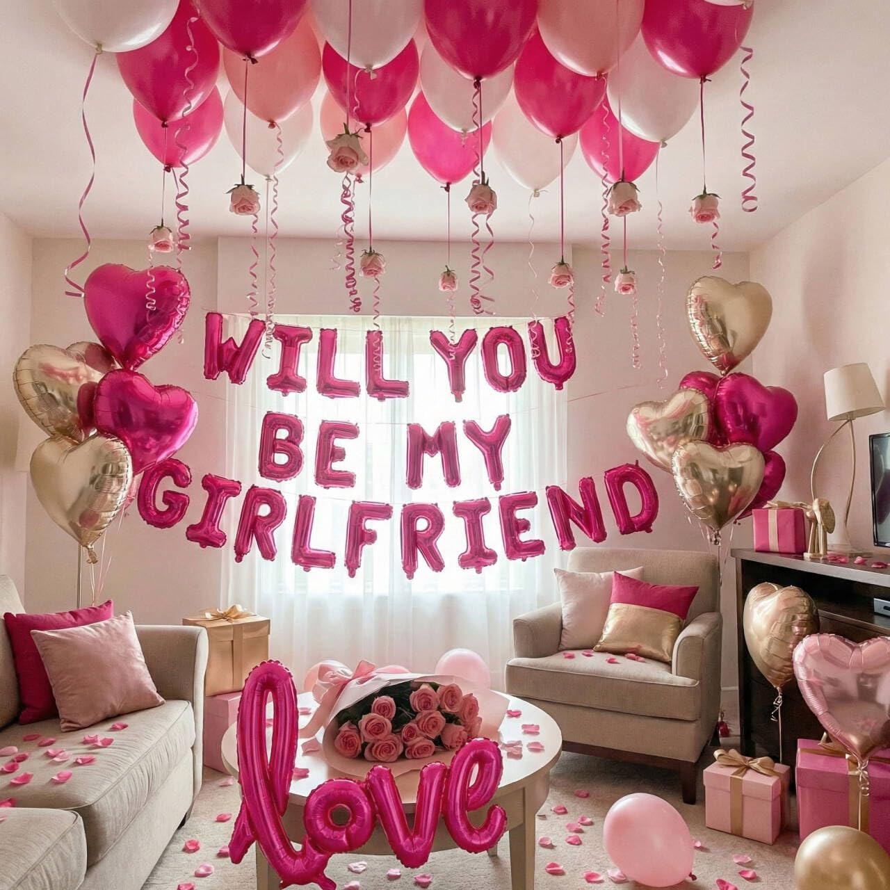 Will You Be My Girlfriend Balloons 60pcs pink hot pink and white balloon kit Include 18 Inch Heart Shaped Balloons and 1000 Pink Artificial Rose Petals Romantic Decoration Kit for Valentines Party - Image 2