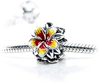 Vista 2 de Flor tropical roja y amarilla Plumeria Frangipani Flower Sterling Silver Charm Bead S925, Flor tropical hawaiana, flor tropical floreciente, flor