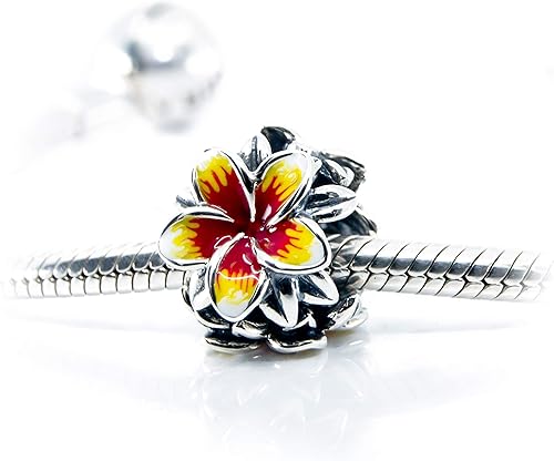 Miniatura 2 de Flor tropical roja y amarilla Plumeria Frangipani Flower Sterling Silver Charm Bead S925, Flor tropical hawaiana, flor tropical floreciente, flor de