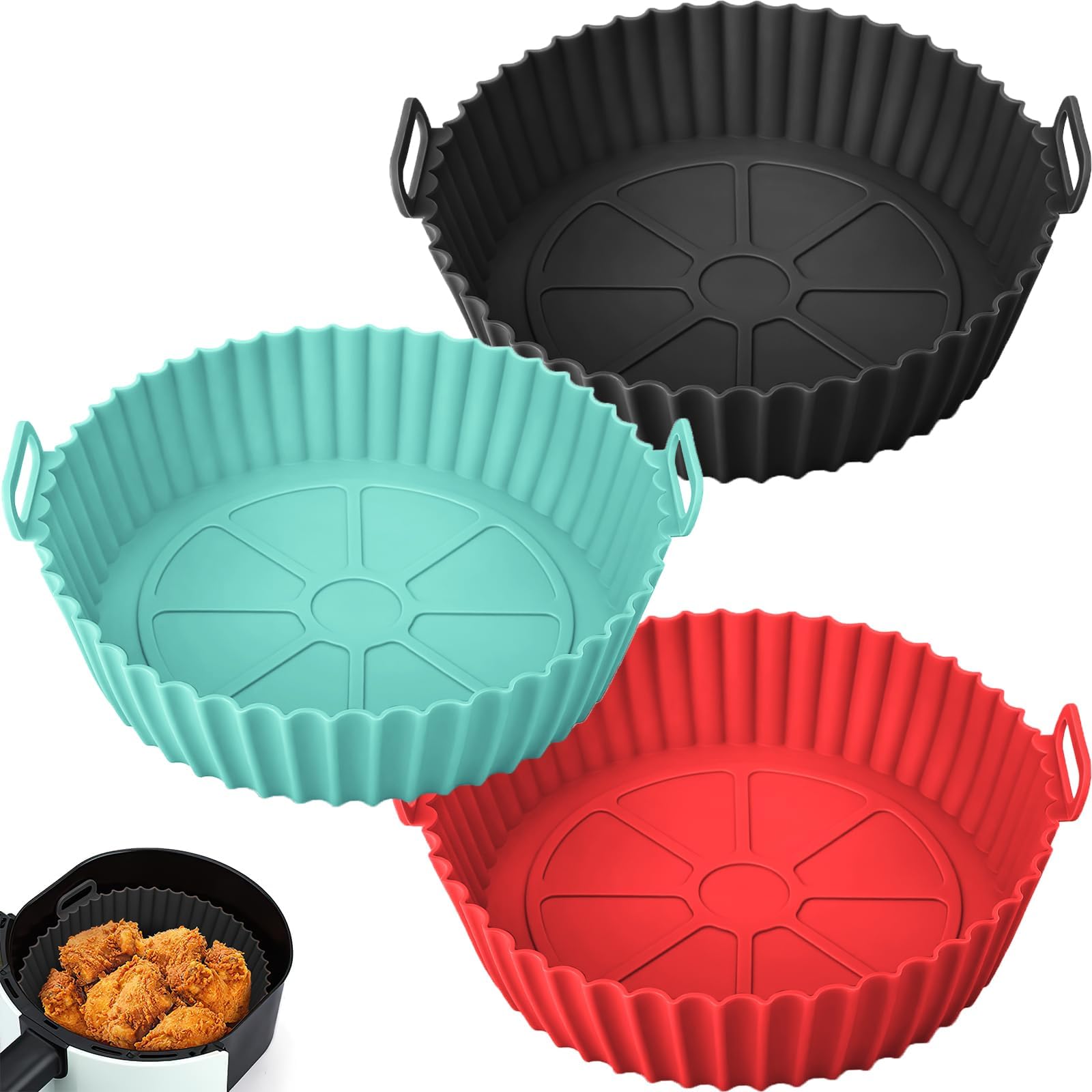 Muyaps 3 Pack Air Fryer Silicone Liner, Reusable Air Fryer Silicone Pot Fits 3QT - 5QT Air Fryer, Kitchen Accessories Replacement for Disposable Parchment Paper Liner (Blue + Grey+Pink)