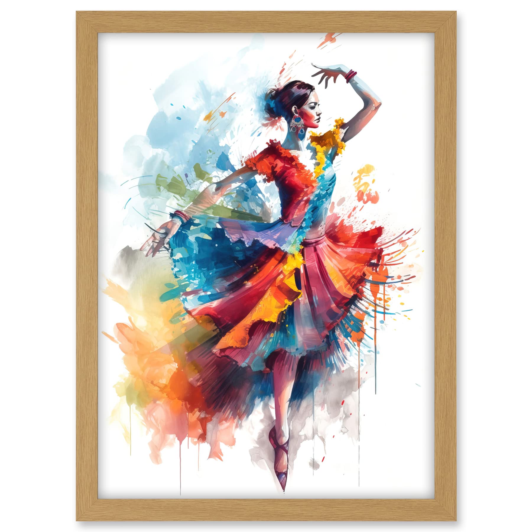 Artery8 Flamenco Dancer in Motion Rainbow Colour Dress Dance Modern Watercolour Painting Artwork Framed A3 Wall Art Print
