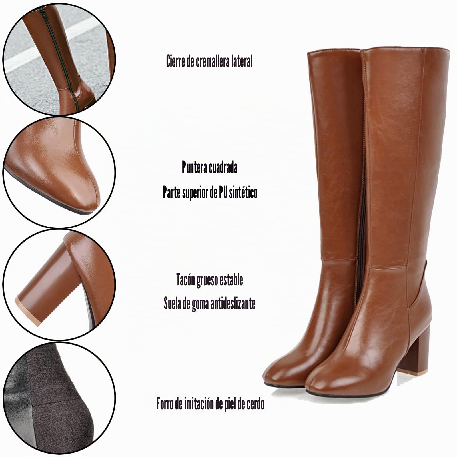 Botas Altas de Muslo para Mujer Botas Rodilla Alta de PU Cuero Botas de caña Ancha con Cremallera Lateral Botas de Montar Otoño Invierno