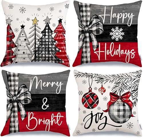 Miniatura 1 de G418-20 - Juego de 4 fundas de almohada de Navidad de 20 x 20 pulgadas, diseño de árboles de Navidad, felices y brillantes, para decoración del hogar