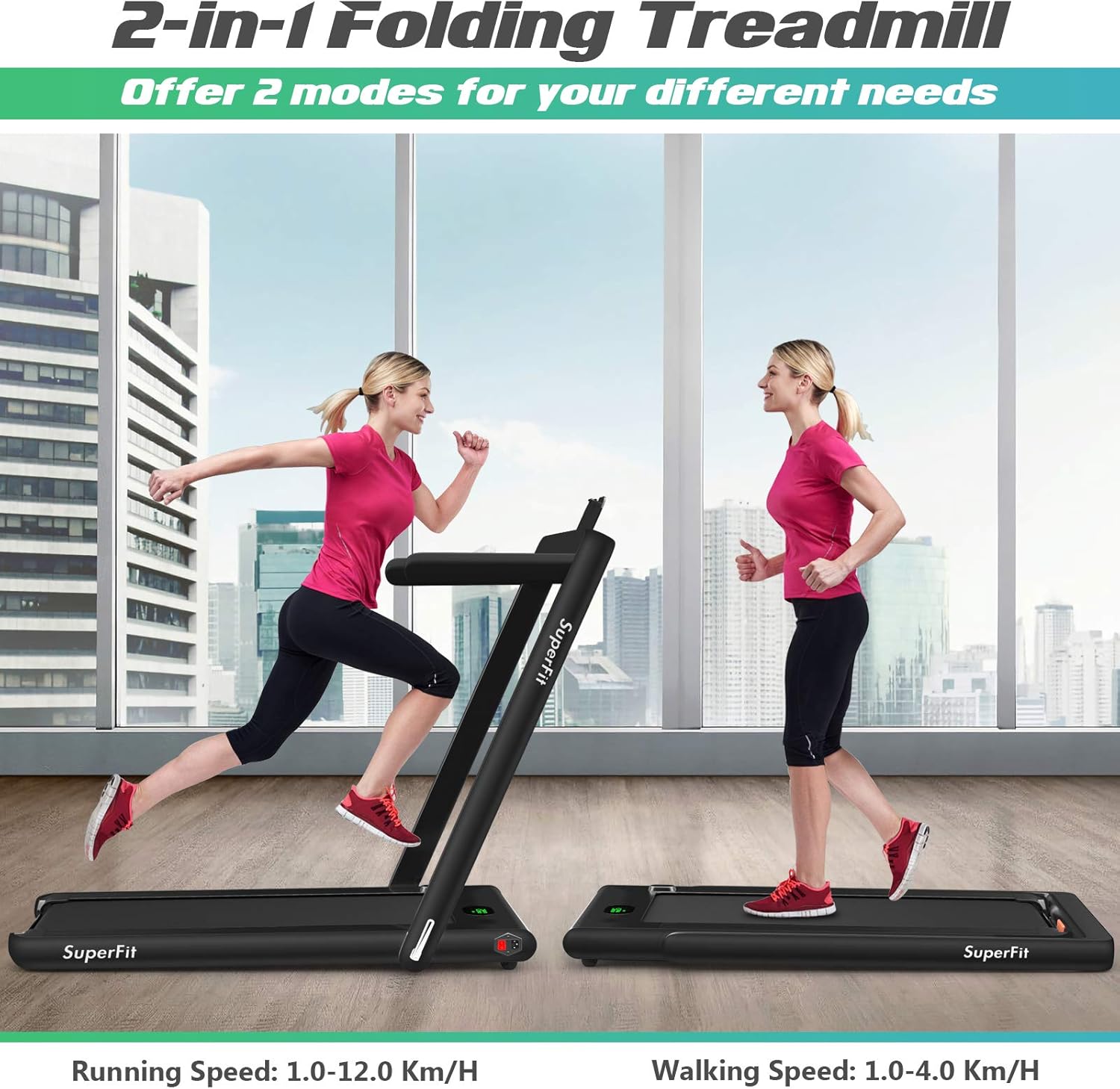 Two women demonstrating the 2-in-1 functionality of the treadmill: one running with handles up, the other walking with handles folded down.
