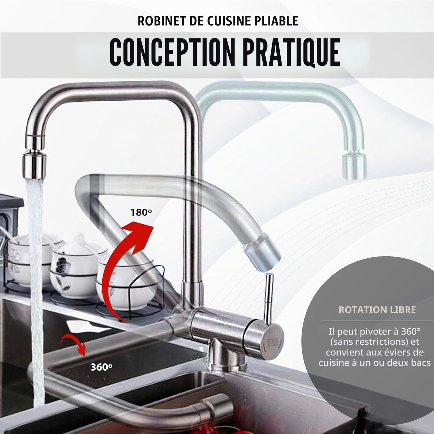Robinet de cuisine rabattable avec 2 fonctions de jet et rotation à 360°. Robinet d'évier rabattable.