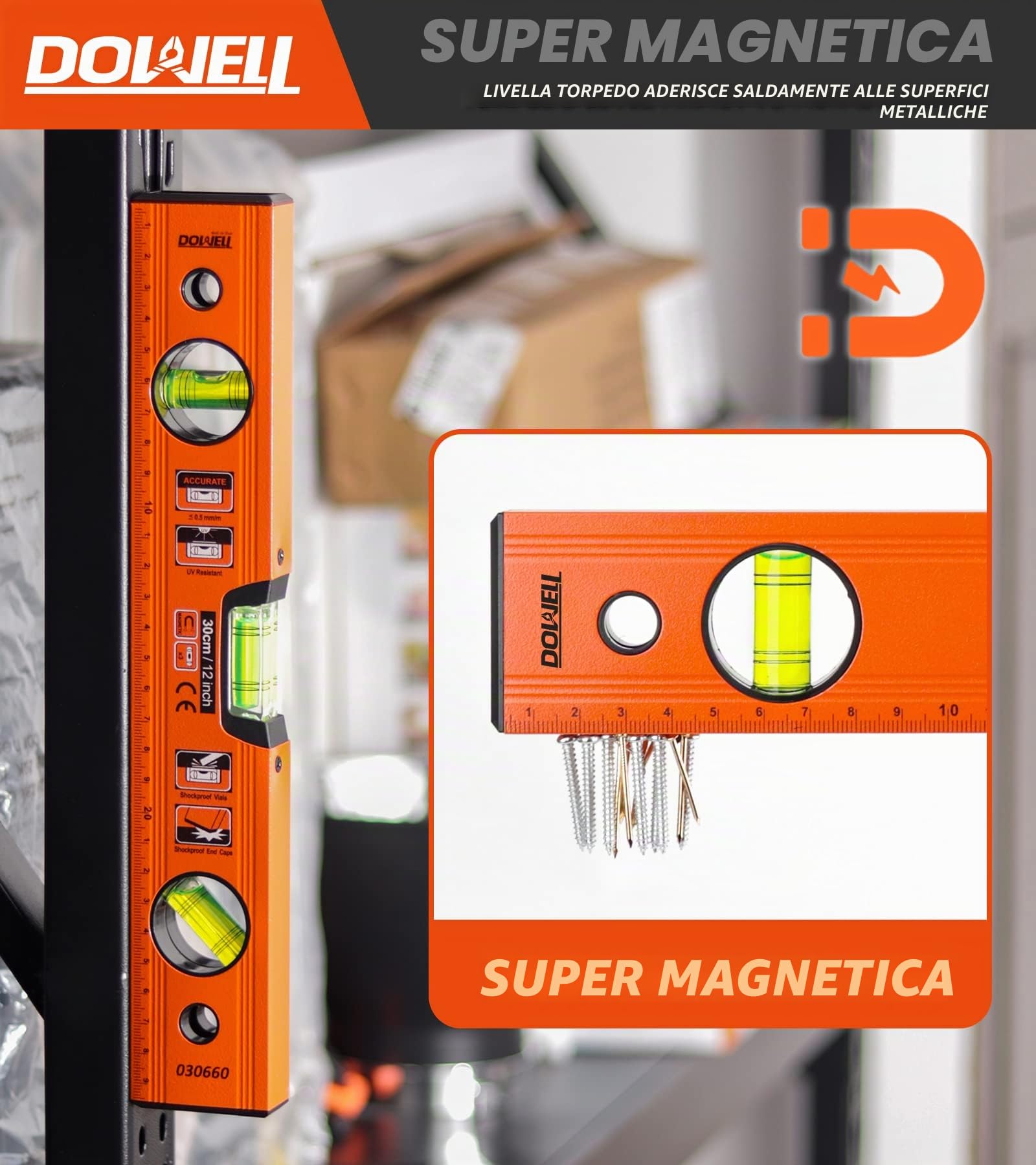 Dowell livello magnetico, scala metrica 300mm / 12 pollici, 3 libellule diverse