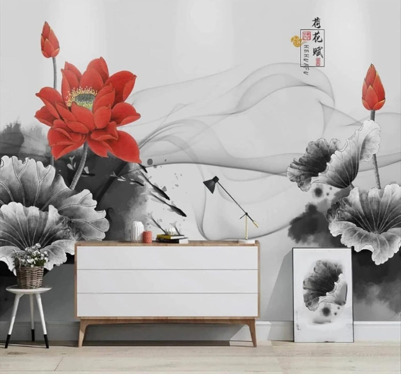 Xlming 350Cm×256Cm(B×H) Hand Drawn Ink Wash Mist Red Lotus Artistic Atmosphere 3D Wallpaper Luxury Home Dining Decor Paste Sofa Living Room The Wall For Bedroom Mural-350Cm×256Cm