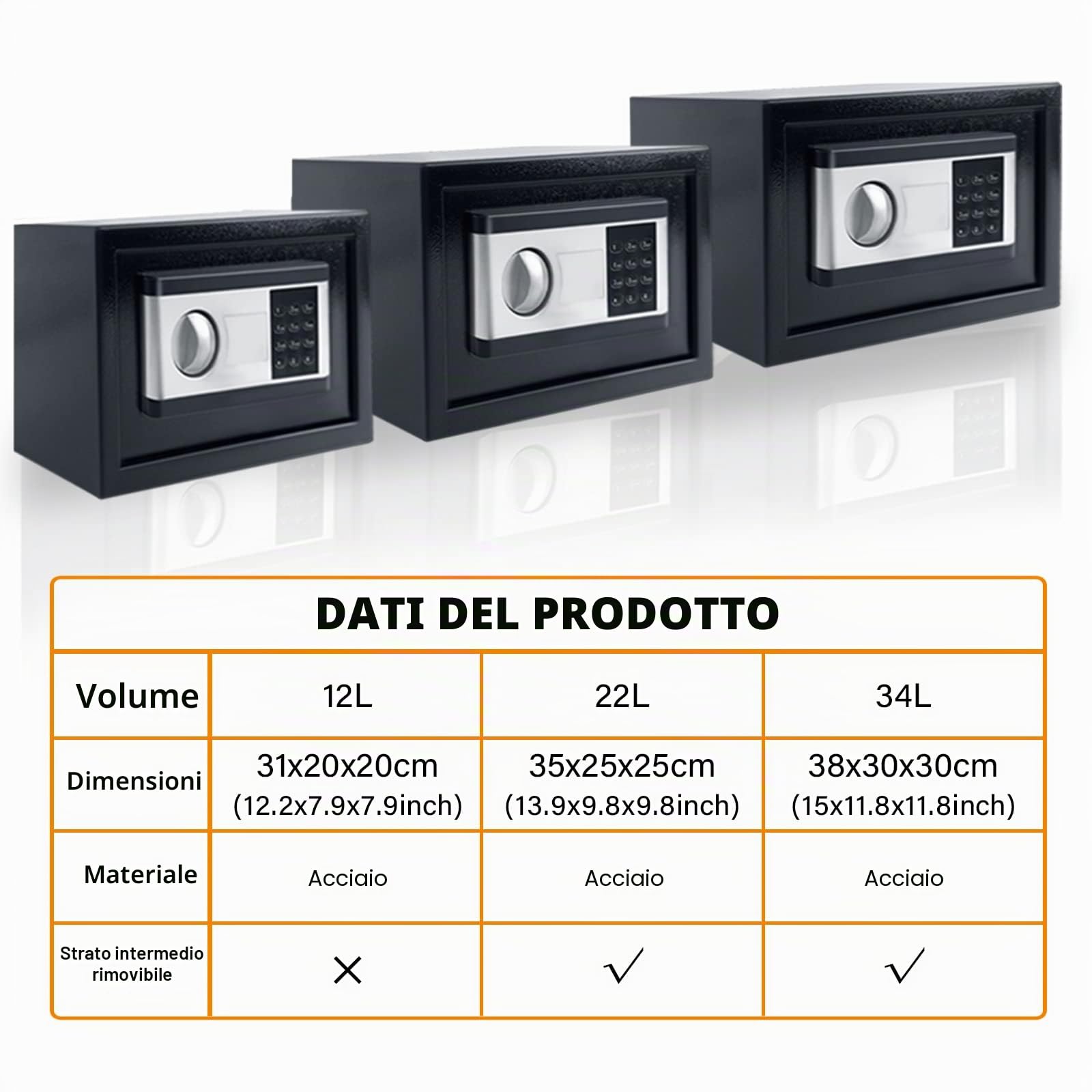 NAIZY Mini cassaforte antifuoco impermeabile con illuminazione interna box batterie chiave di sicurezza allarme acciaio mobile 12L nero+argento