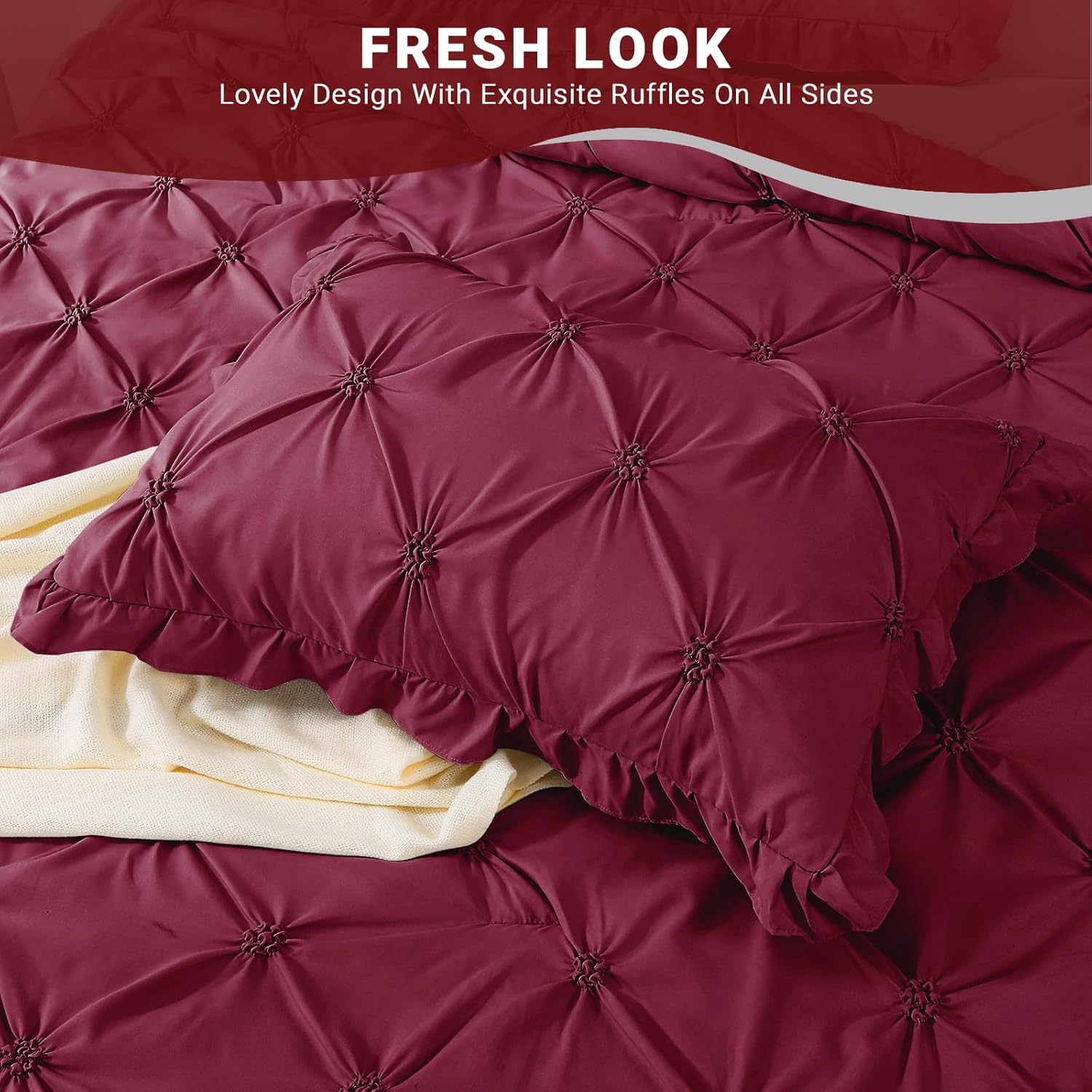 JOLLYVOGUE Queen Comforter Set 7 Pieces, Burgundy Bed in a Bag Comforter Set for Bedroom, Bedding Comforter Sets with Comforter, Sheets,Ruffled Shams & Pillowcases - Image 7