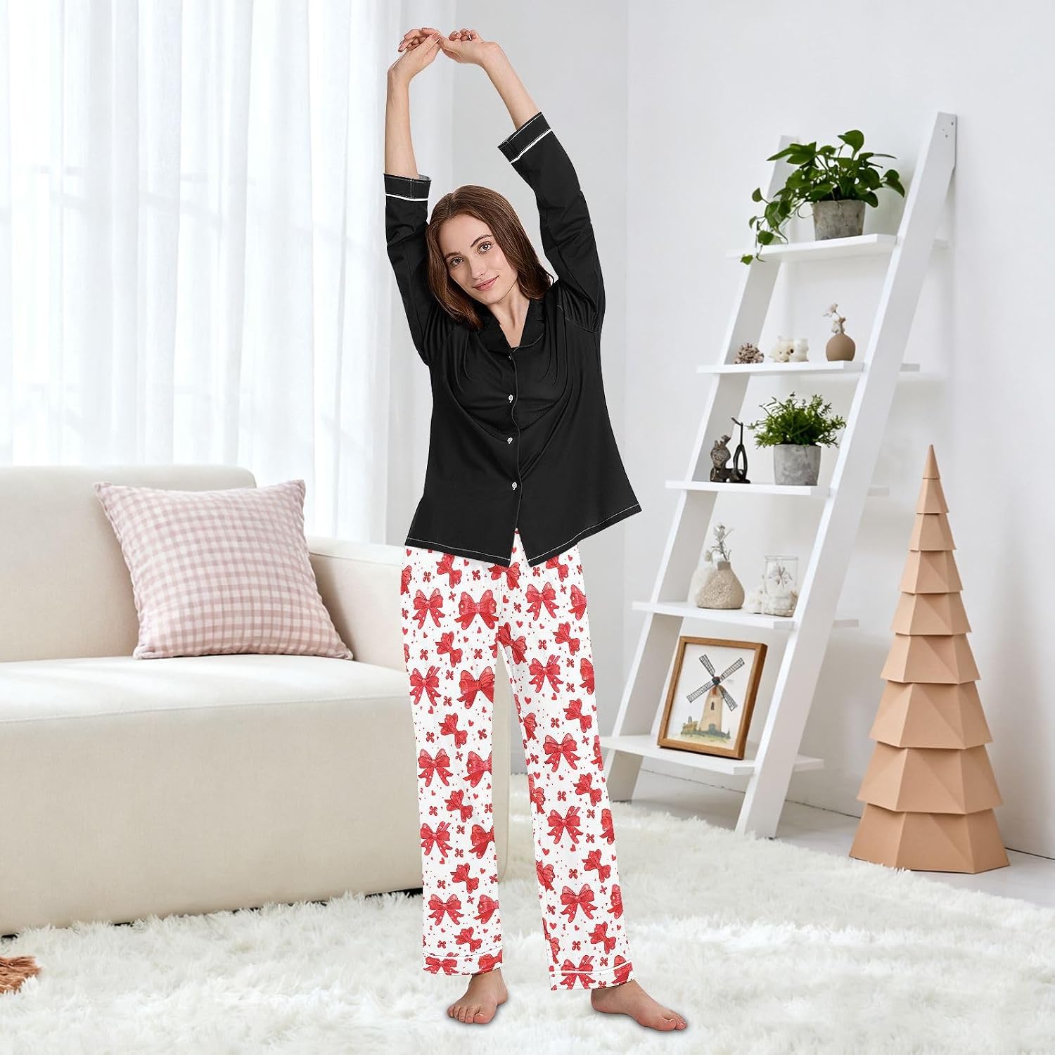Pajama Pants Women Red Bows and Flowers Soft Sleep Lounge Pj Bottoms with Pocket S-XXL
