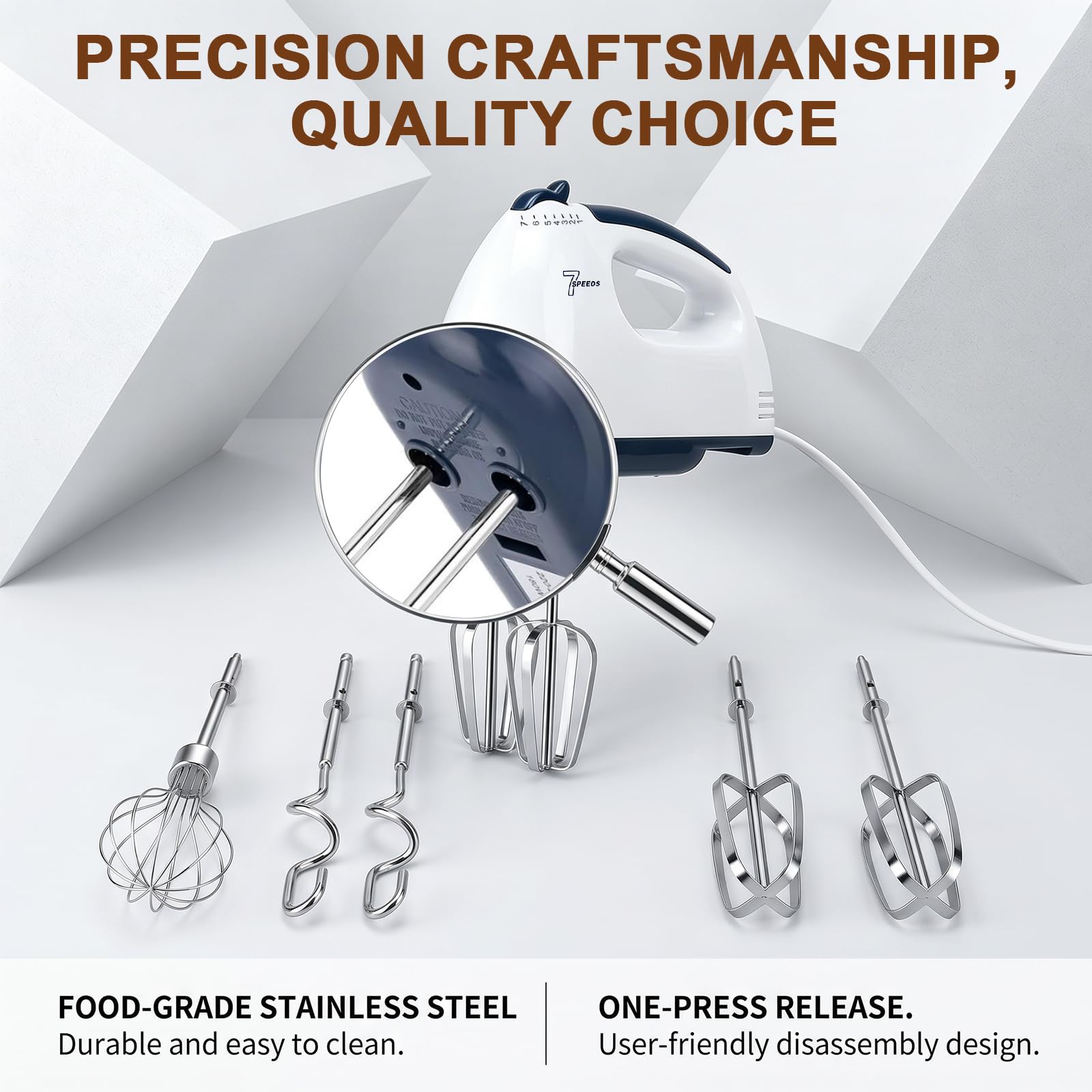 CEWROM Frullatore elettrico a mano, piccolo miscelatore alimentare a 5 velocità, 304 accessori in acciaio inox (1 frusta, 2 fruste, 2 ganci per impasto), ideale per applicazioni in cucina e