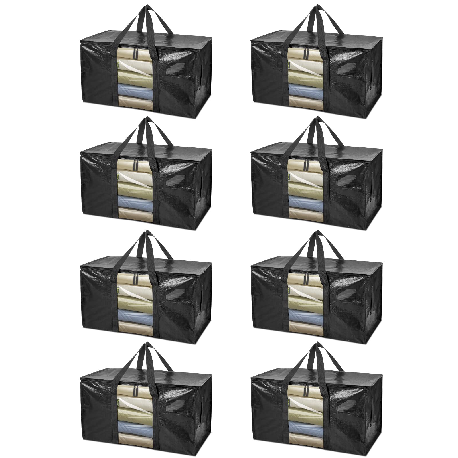 BALEINE8-Pack Oversized Moving Bags with Reinforced Handles, Heavy-Duty Storage Tote Moving Supplies for Packaging, Camping (Black w/Window, 8-Pack)