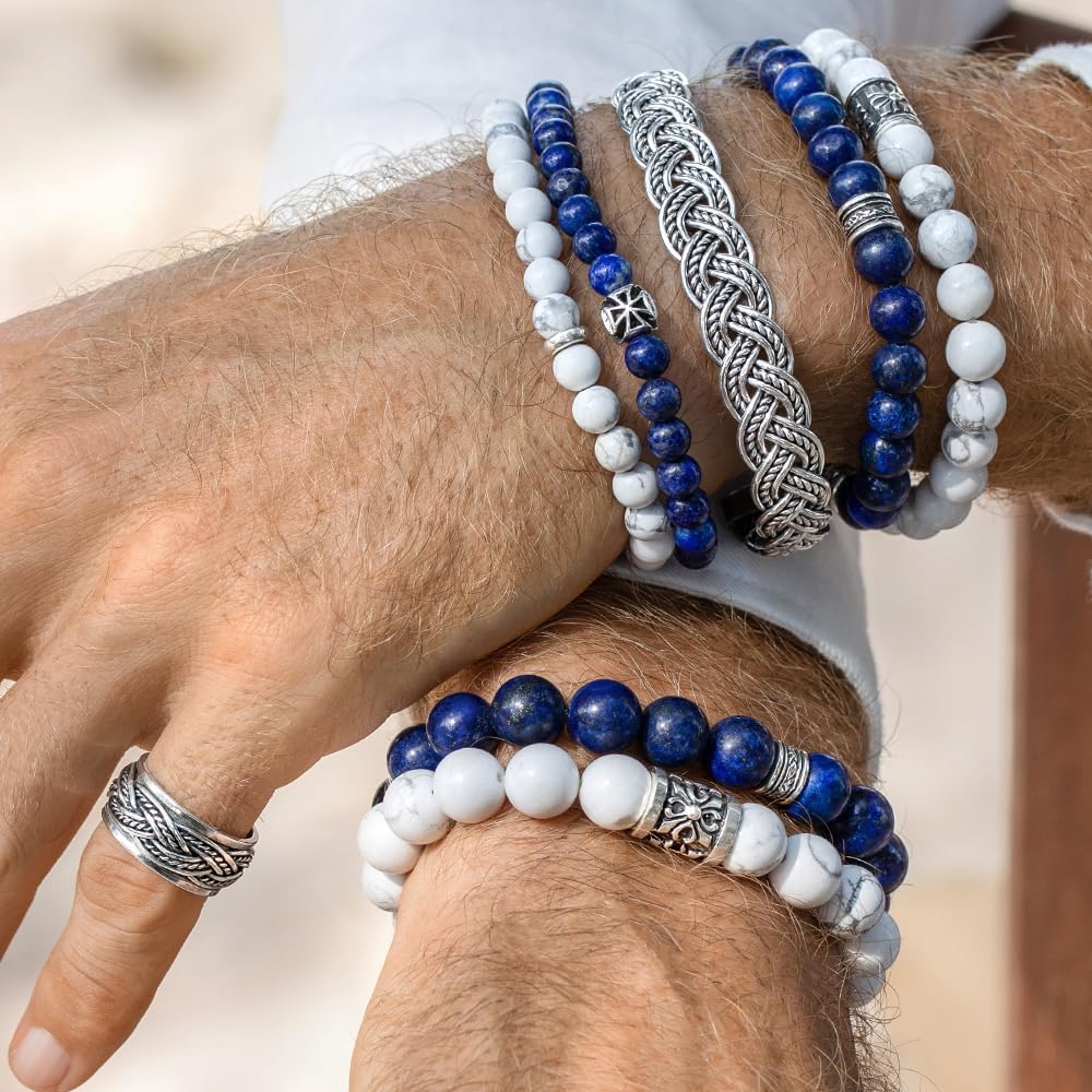 VY JEWELRY Lapis Lazuli Beaded Bracelet 6/8/10MM Dia Blue Stones with 925 Sterling Silver Beads for Men and Women