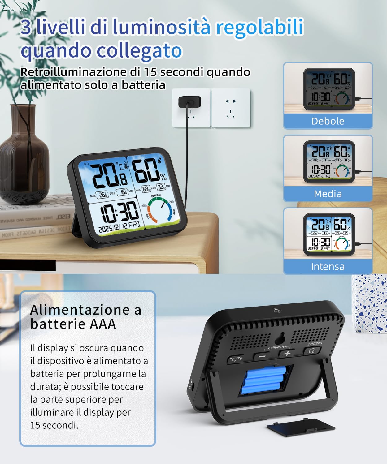 VOCOO Termometro digitale per interni – 5,8 pollici,display extra grande,misuratore di umidità accurato,termometro per ambiente con calibrazione,registrazioni max-Min,comfort,controluce,data (Black)
