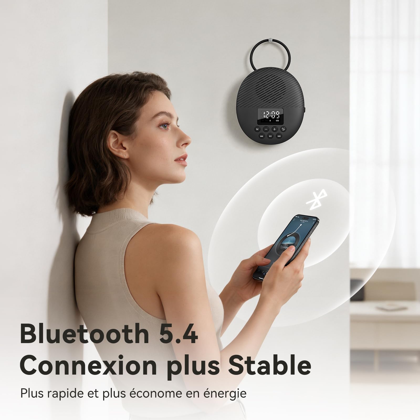 AGPTEK Enceinte Douche Bluetooth 5.4 Portable, Radio de Douche Haut-Parleur Etanche IPX5 avec Ventouse et Lanière, Ecran LCD, Basse HD, 12H Lecture, Appels Mains Libres sans Fil pour Salle de Bain