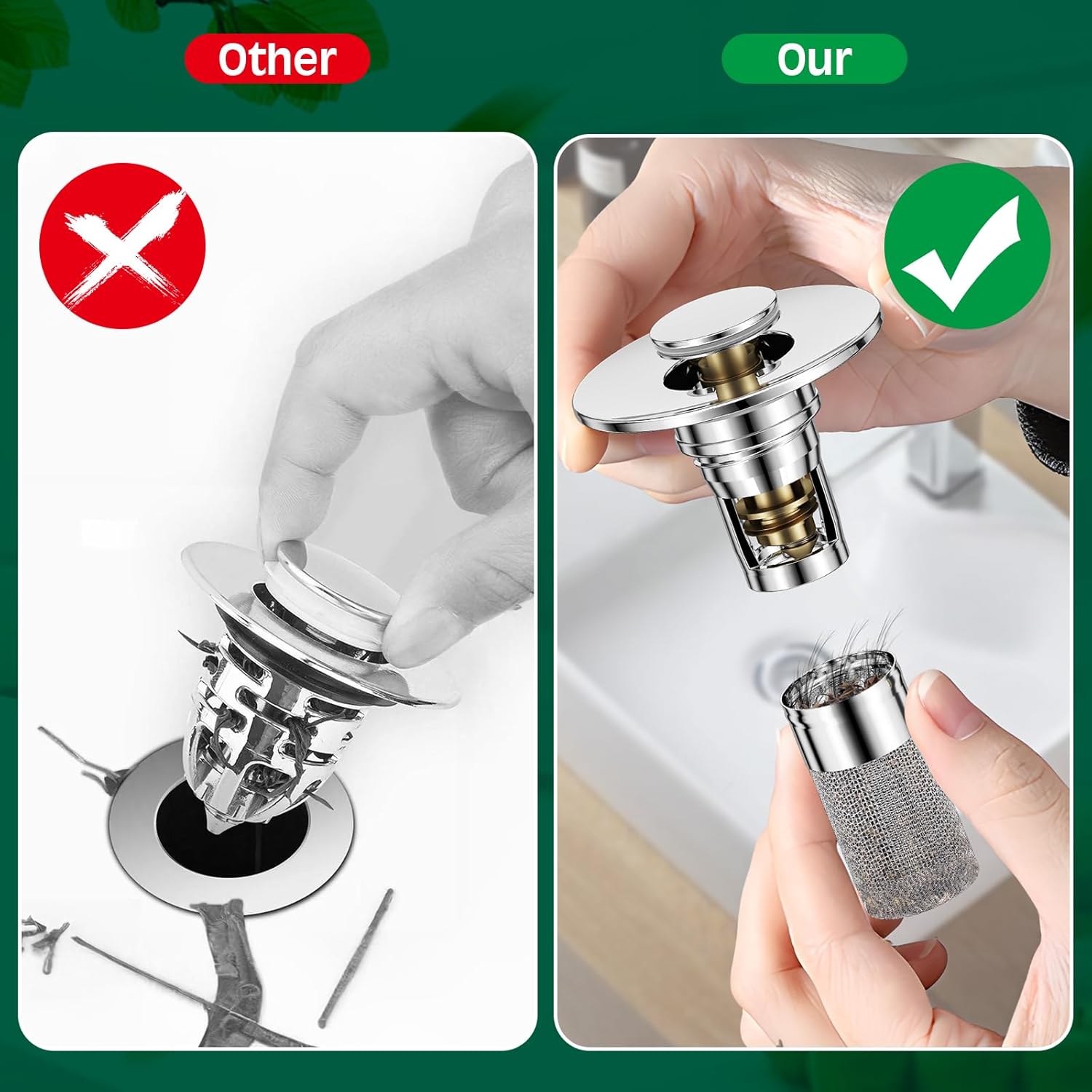 3 in 1 Sink Drain Strainer with Hair Catcher,8PCS Stainless Steel Popup Sink Stopper with Basket for Bathroom Kitchen Shower,Pop-up Bounce Core Floor Basin Drain Filter,Replacement Sink Plug