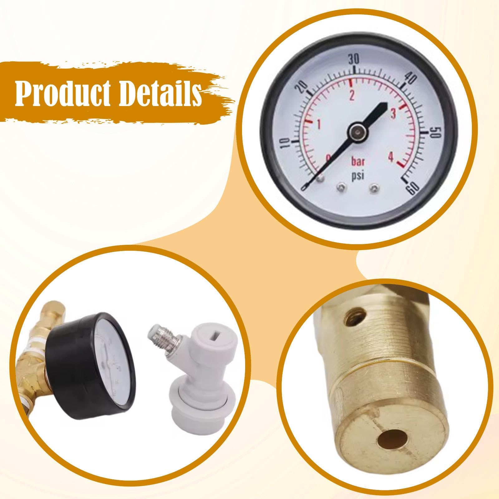 Valvola di Pressione Regolabile per Birra con Attacco Gas Ball Lock Rilevamento Perdite E Manometro Visibile Adatta a Birrifici Fermentazione Domestic, Da 0 a 60 Psi