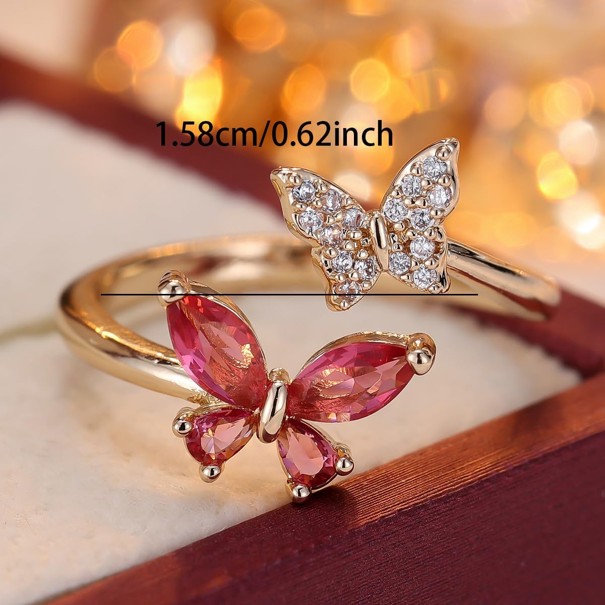 Gold Adjustable Butterfly Rings for Women Dainty Stackable Rings for Women Sparkly Pink Blue Red Green Cubic Zircon Double Butterfly Statement Ring Delicate Stacking Finger Ring Cute Promise Wedding Jewelry Daily Wear Birthday Gifts