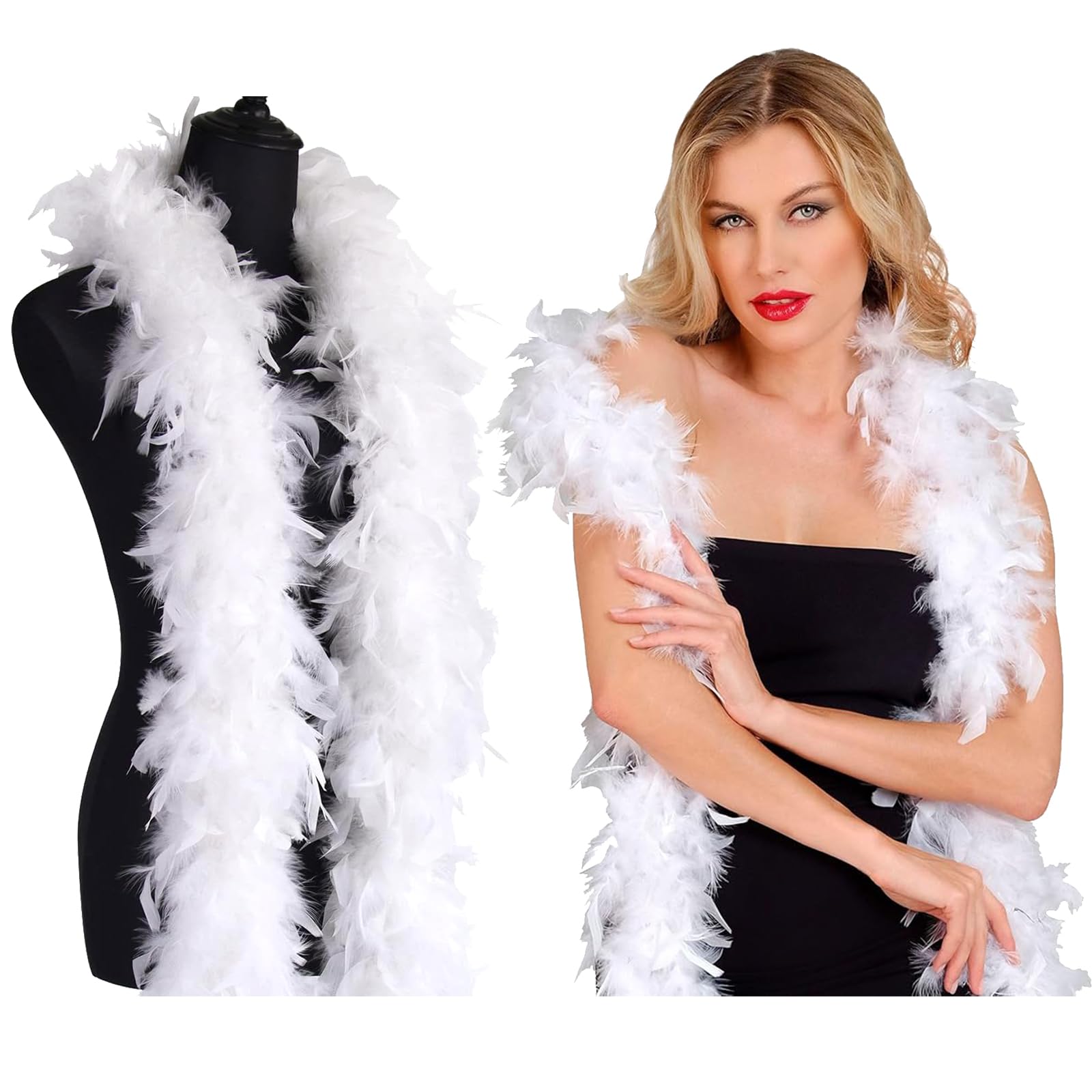 WORUIB Feather Boa, White, 2m, Adult Unisex Accessory for Dance Wedding, Party, Cosplay