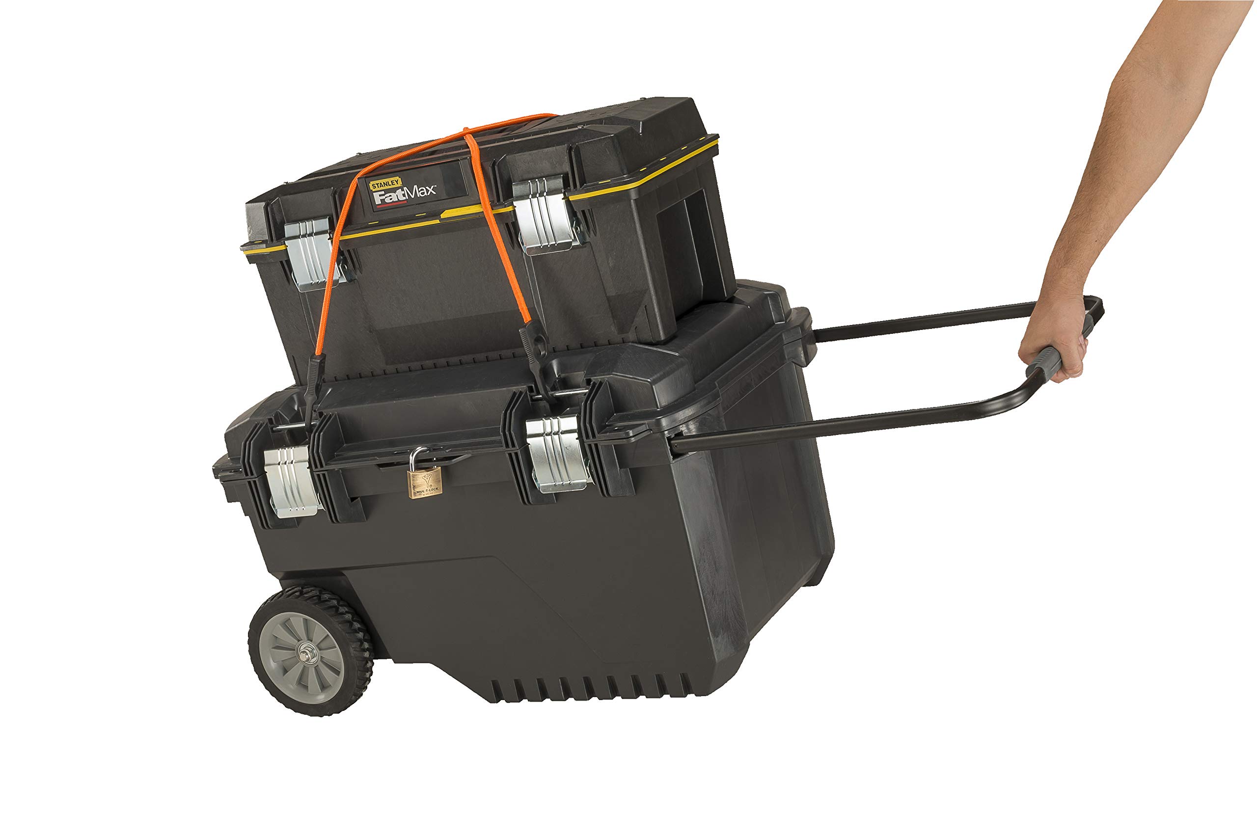 Stanley FatMax Mobile Werkzeugbox/Werkzeugbehälter (Koffer mit hohem Volumen 90 Liter, Kunststoffbox mit Vertiefung im Deckel, Metallverstrebungen) FMST1-73601