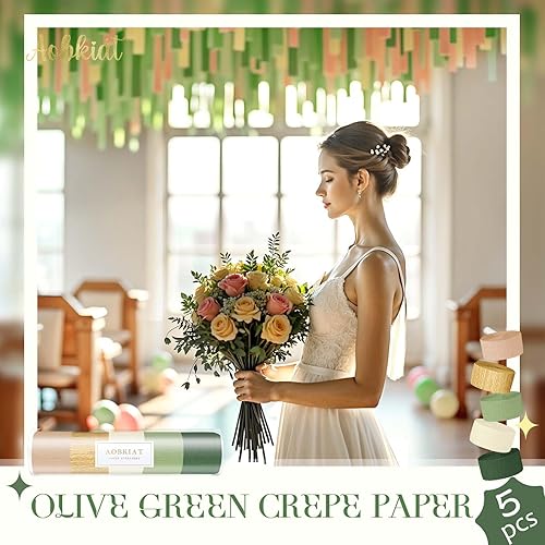 Miniatura 8 de AOBKIAT Decoraciones para fiesta de boda, 5 rollos de serpentinas de papel crepé color verde oliva y caqui para boda boho verde, cumpleaños