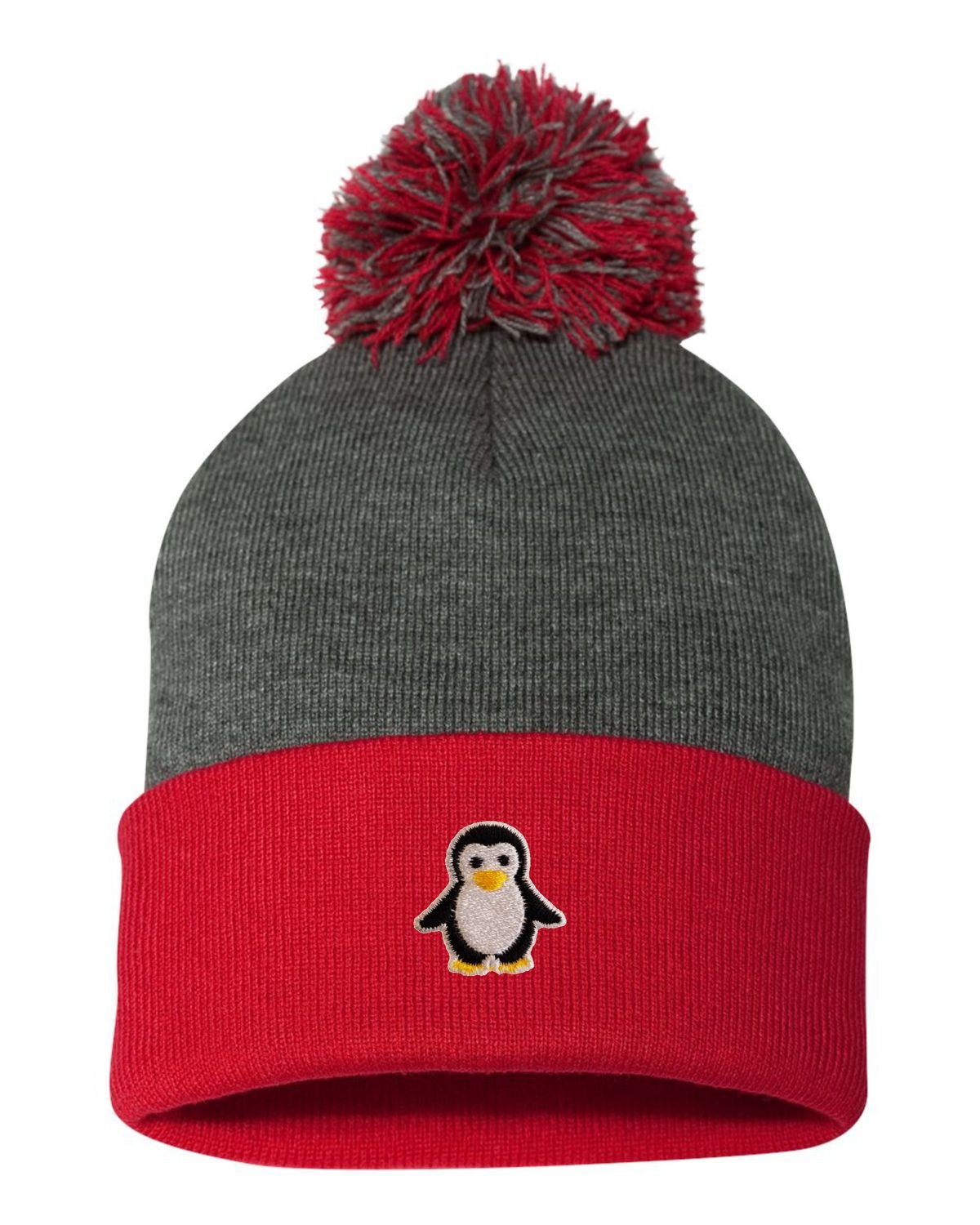 Go All Out One Size Dark Heather Grey/red Pom Penguin Embroidered Knit Beanie Pom Cap