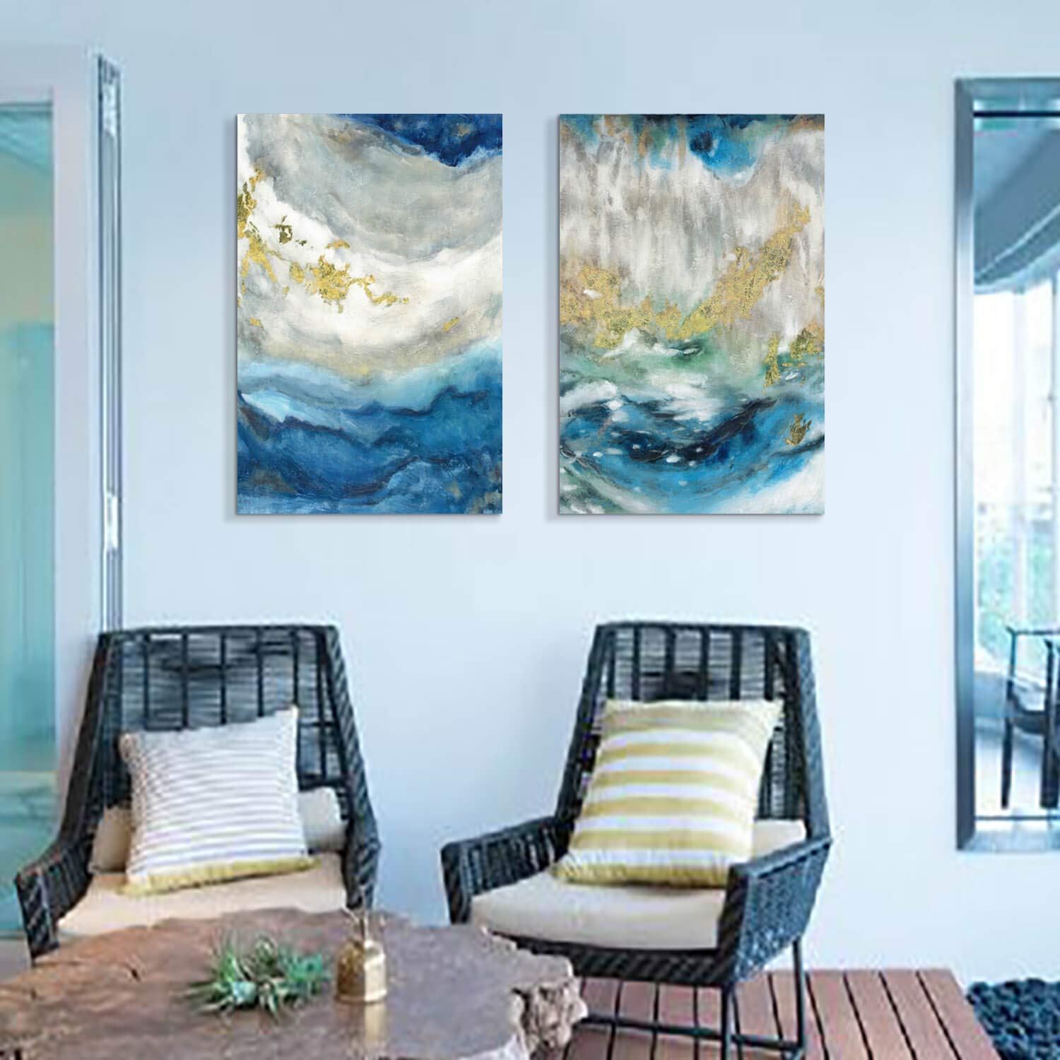 Dipinto astratto originale orizzontale blu navy bianco 3D con texture pesante, arte murale incorniciata, arte di grandi dimensioni, decorazione da parete per soggiorno - Italia