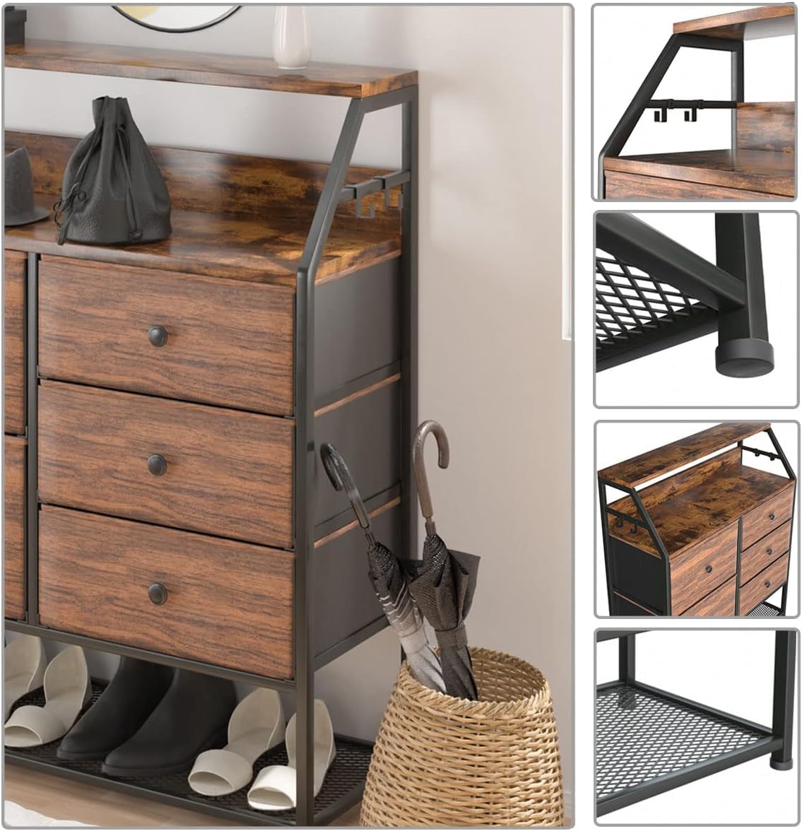 Dripex Commode en Tissu avec 5 tiroirs, Meuble de Rangement avec Dessus en Bois et étagère à Chaussures, Cadre en Métal, pour Salon, Chambre, Couloir, Marron Rustique et Noir Gris Vintage+Noir