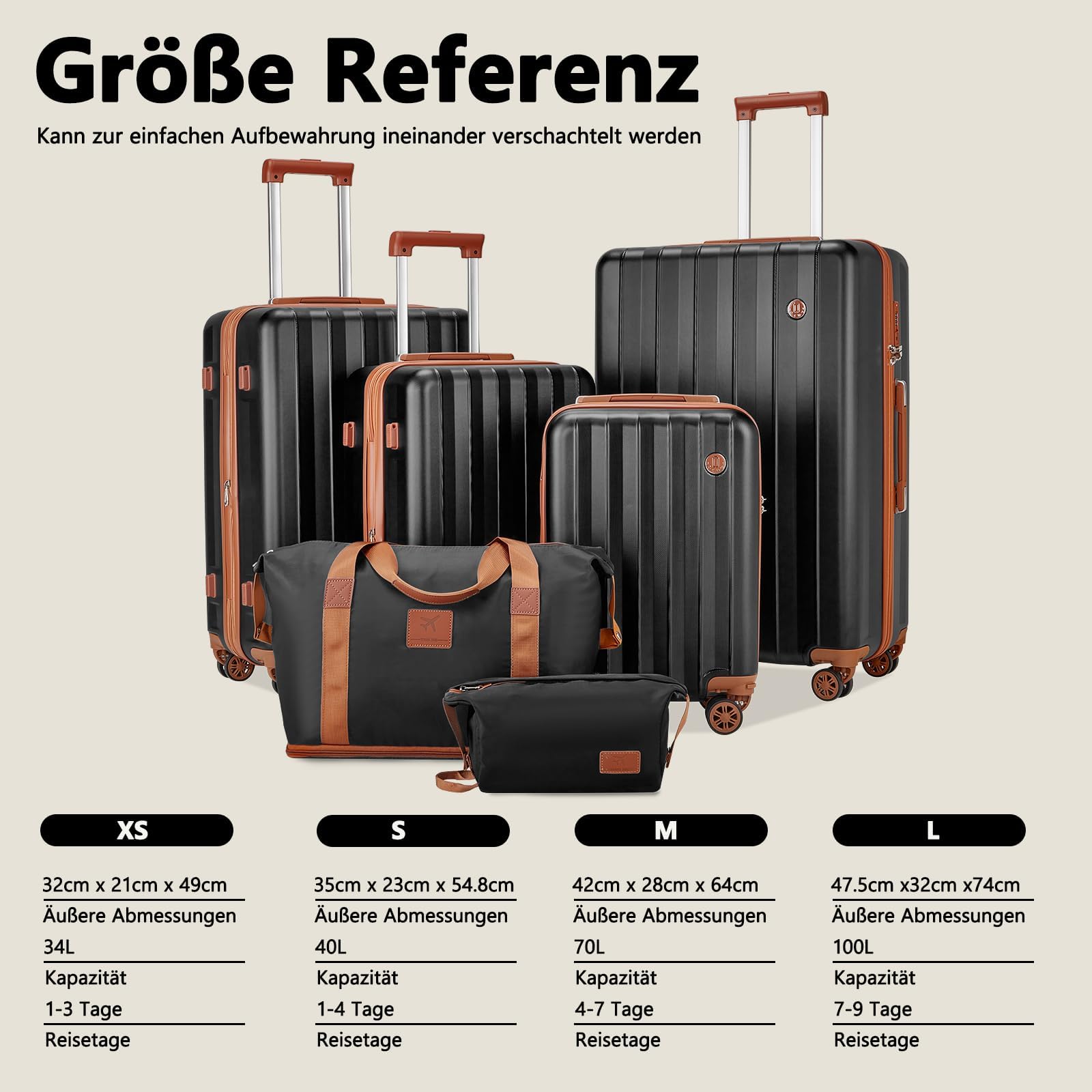 Joyway Set valigie da viaggio 6 pzs, Set di Valigie Rigide 6 Pezzi Espandibile, Valigia bagaglio a mano con porta USB e portabicchieri, Nero Marrone