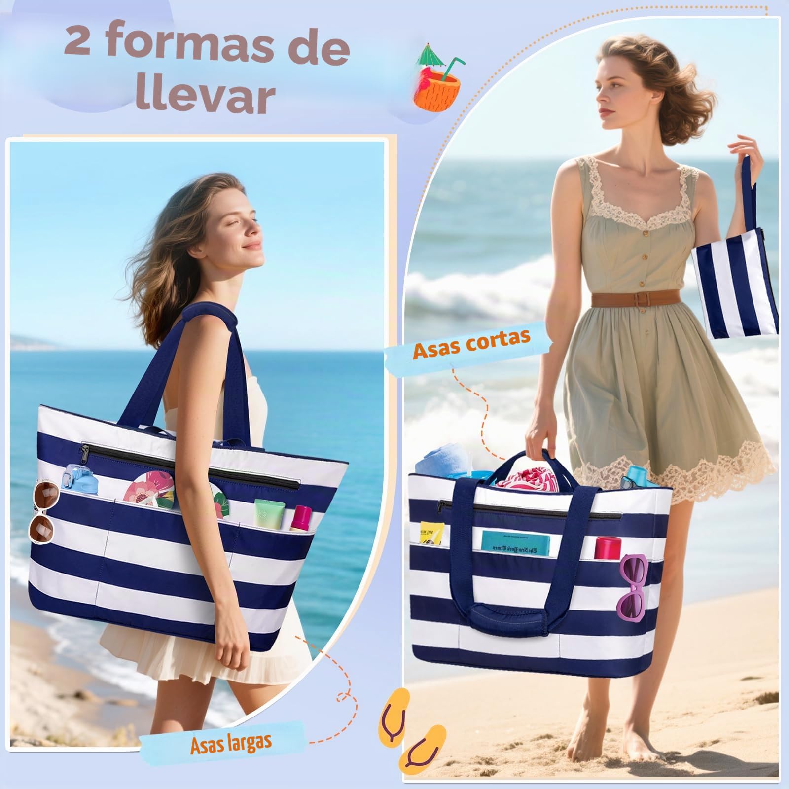 Bolsa de Playa Grande XXL con Cremallera Bolso Playa Familiar 50L Impermeable Bolso de Viaje Mujer Plegable Beach Tote Bag con 14 Bolsillos Shopper para Piscina Picnic Gimnasio (Azul Rayas)