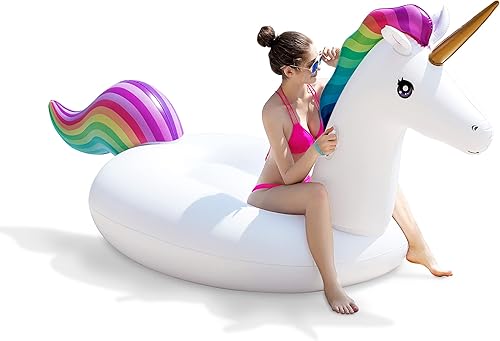 Jasonwell Inflatable Unicorn Pool Float Floatie Ride On with Fast Valves Large Rideable Blow Up Summer Beach Swimming Pool Party Lounge Raft