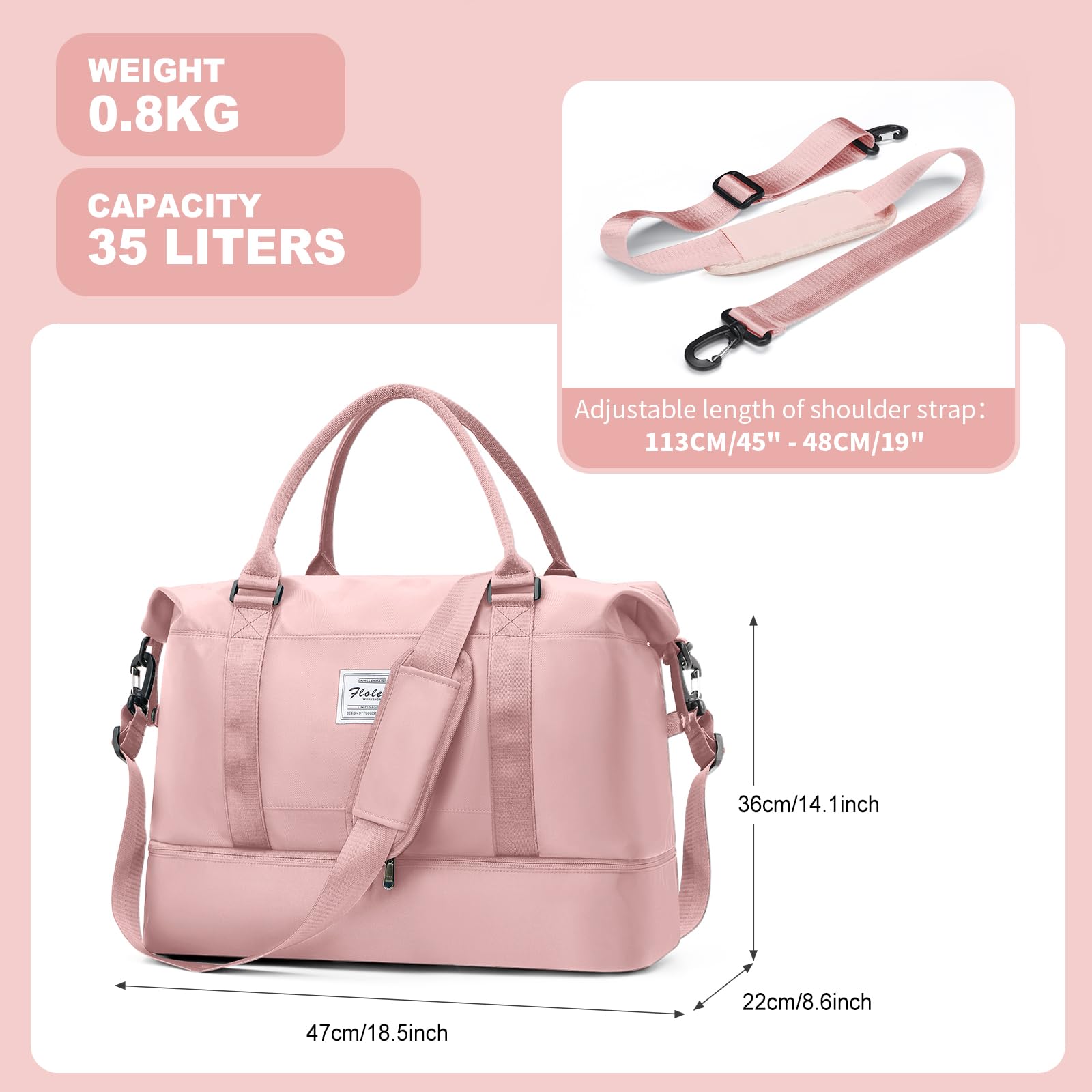 Borsone da Viaggio Donna, Bagaglio a Mano Borsa da Viaggio con Scomparto per le Scarpe, Borsa Sportiva Borsone da Palestra Grande, Borsa da Weekend, Borsa per Ospedale,C3 rosa