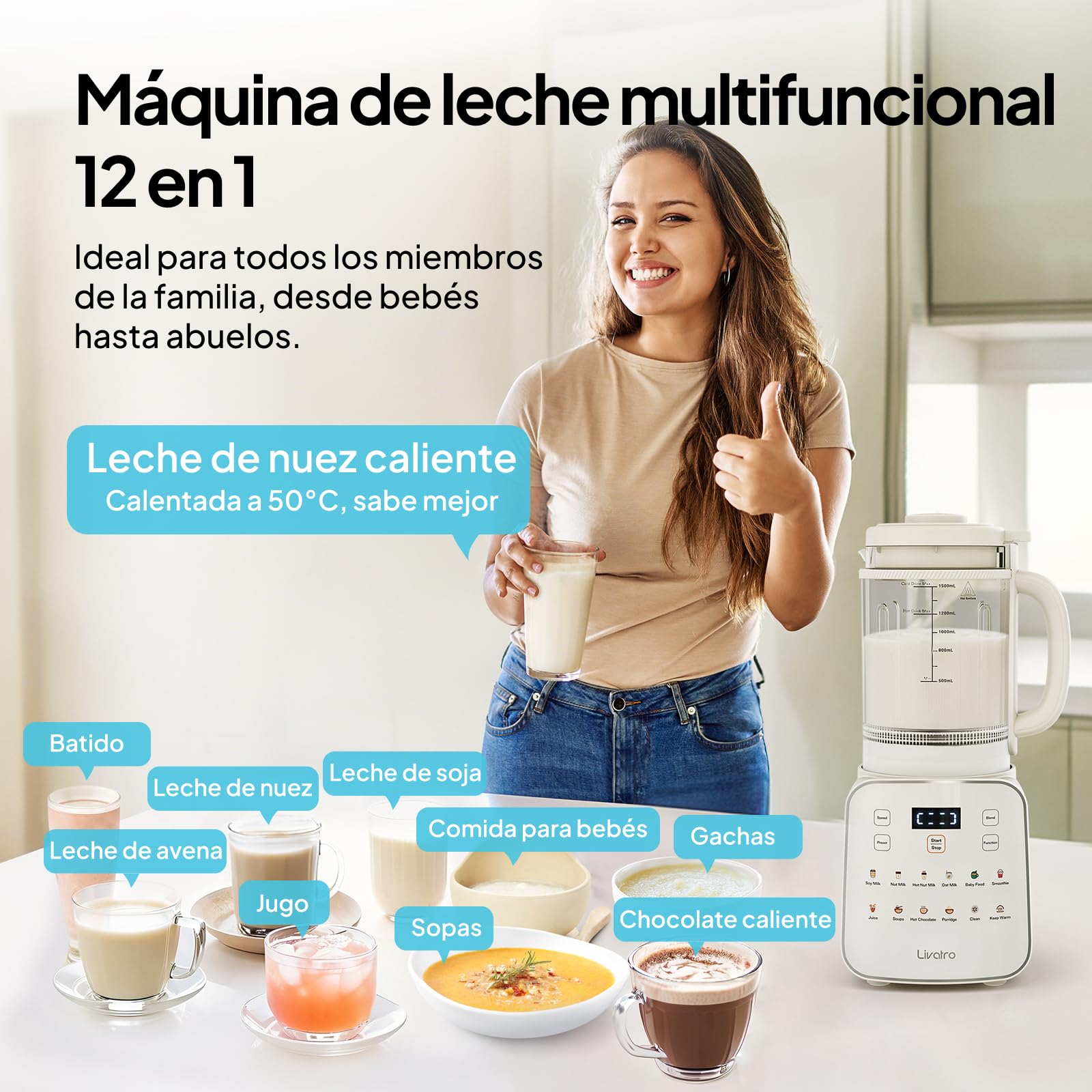 Máquina para leche vegetal 1,5 L 12‑en‑1,fabricante de leche de soja automático,diseño desmontable,leche de almendra/avena y jugos,inicio diferido 24 h,mantener caliente,autolimpieza