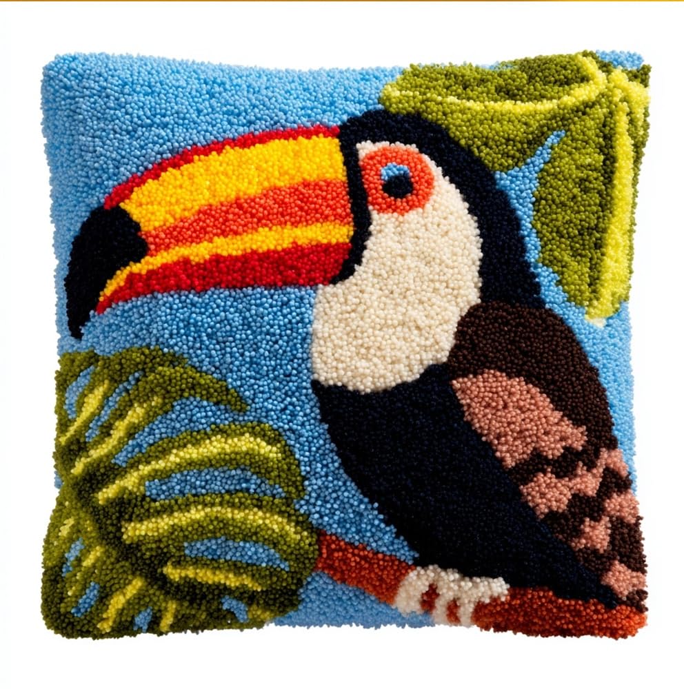 kitphoenix Latch Hook Cushion Kits for Adults 17X17Inch,Toucan Animal Latch Hook Pillow Case Kits Embroidery Kits 43X43Cm, DIY Needlework Pillow Cover Cushion Rug Making Kit, DIY Craft Kit for Women