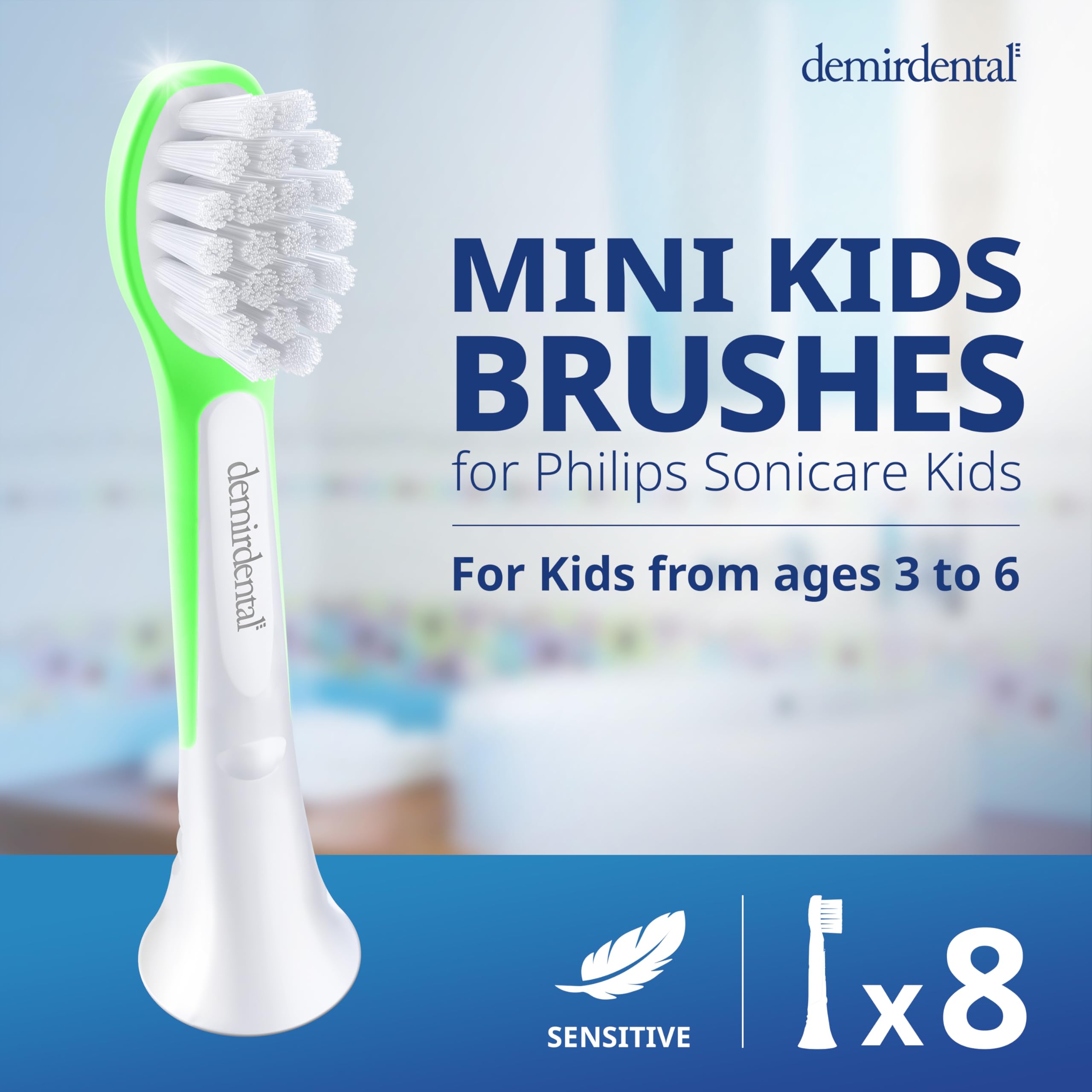 demirdental Mini testine di ricambio per spazzolino da denti per bambini, compatibili con Philips Sonicare Compact Kids - Testine di ricambio Sensitive - Testine per spazzolino da 3 a 6 anni - Verde -