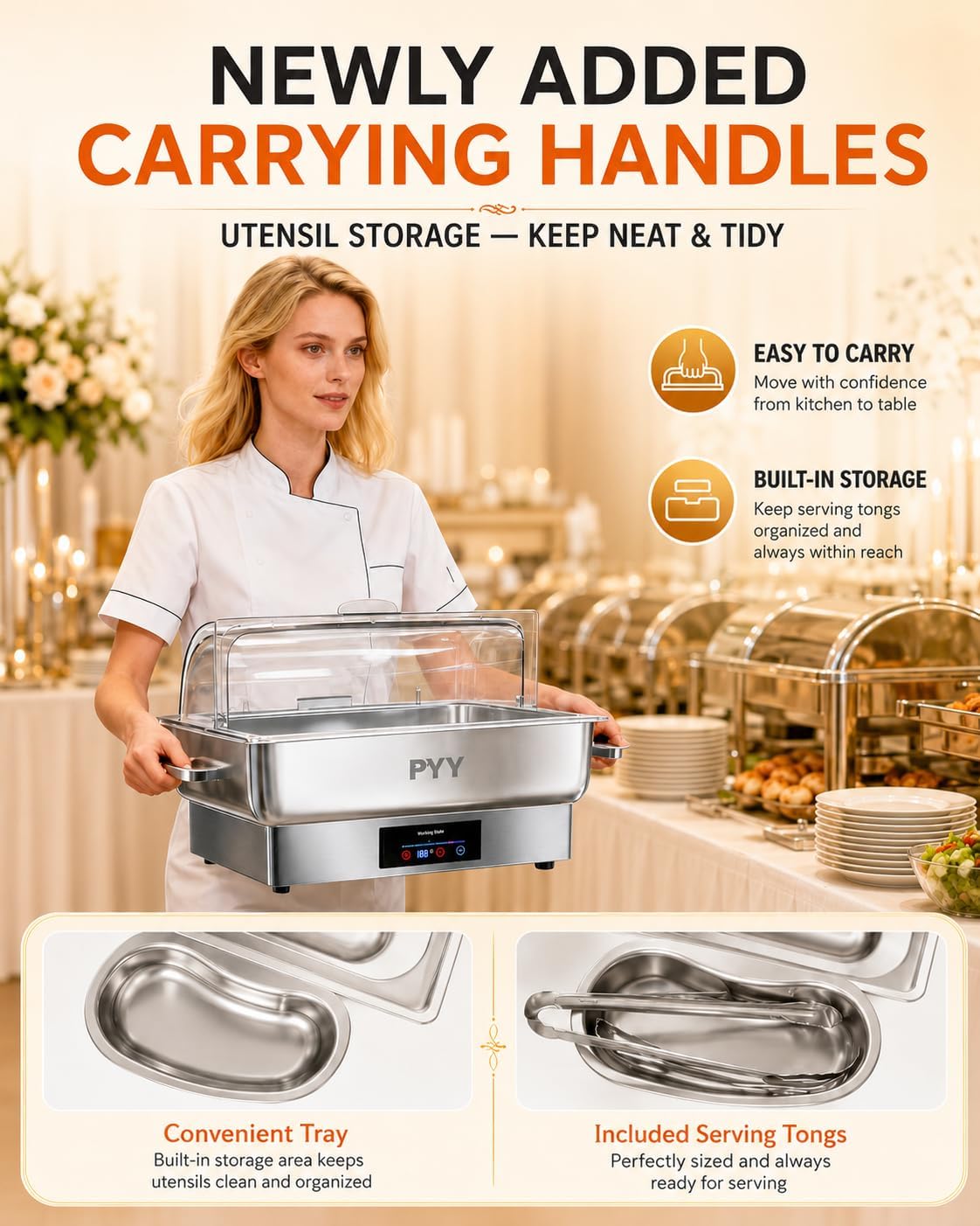 PYY Electric Chafing Dish for Buffet, 400W Stainless Steel Buffet Server and Warmer with Digital Touch Control, Clear Roll-Top Lid and 2 Half-Size Pans with Handles and Tray