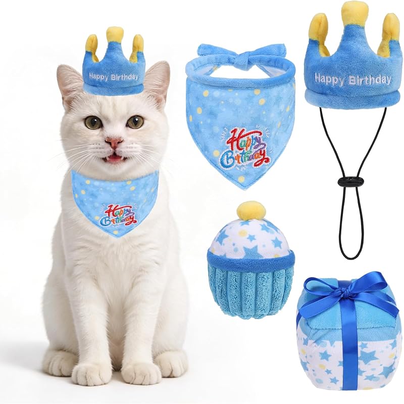 Brinquedos para Gatos com Catnip ESGPET Kit Festa de Aniversário com Bolo, Coroa, Bandana e Caixa, Pacote com 4