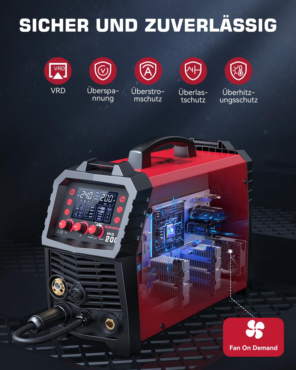 ARCCAPTAIN MIG MAG Schweißgerät 200 Ampere, 7 in 1 vollsynergisches Schweißgerät FLUX Fülldraht/MAG/MIG Schutzgas Schweißgerät/MMA/Lift TIG/Unterstützung Spool Gun/Punktschweißen, IGBT Inverter230V
