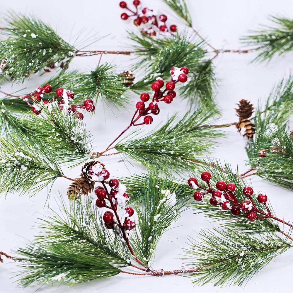 Supla 5.9 Feet Seasonal Artificial Rustic Snowy Pine Needle Red Berry Clusters Mini Pine Cones Garland Christmas Garland Hanging String Wire Vine for Holiday Winter Indoor Outdoor Decor