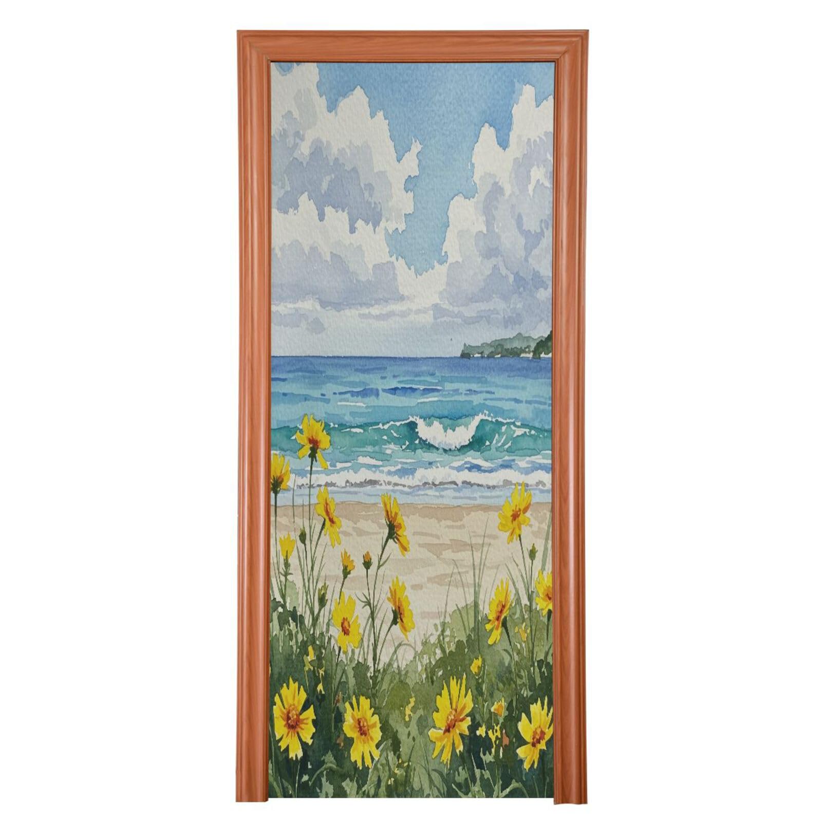 FLildon Watercolor Seaside Flowers Door Cover Decoration, Party Accessory Porch Decor for Festive Ornament Room Door Covers 32 x 79 Inch