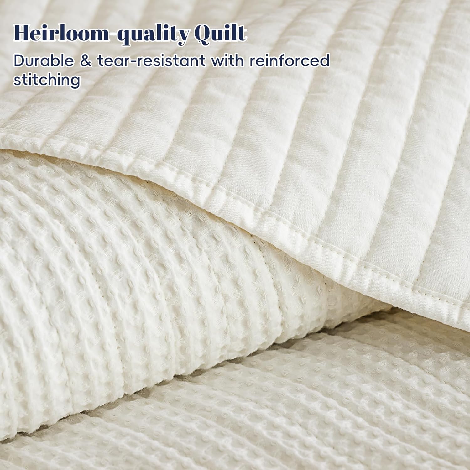 PHF 100% Washed Cotton Waffle Quilt Set King Size(106"x90")-Lightweight with Striped Channel, Cozy Quilted Bedspread Set, Home Decor, 1 Soft Coverlet with 2 Matching Shams, Cream - Image 6